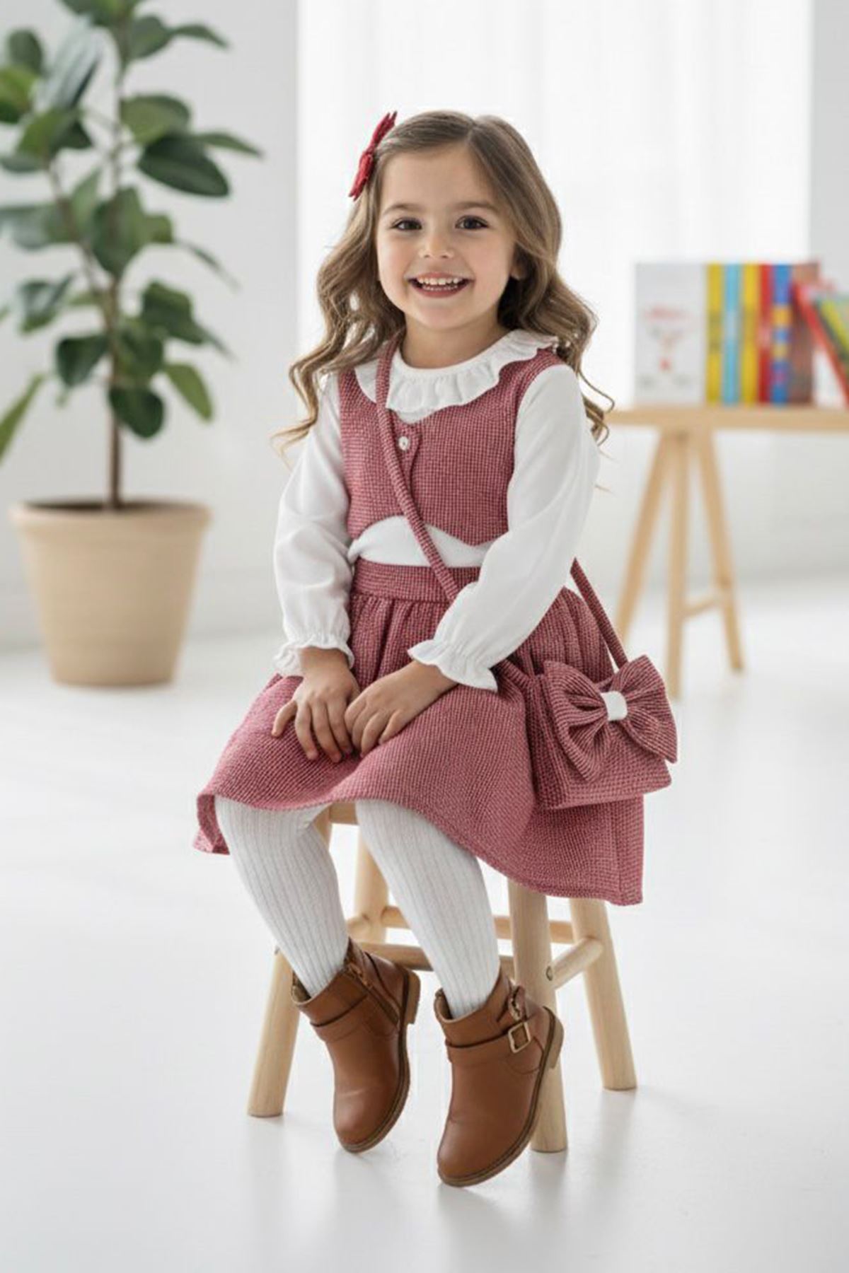 Miniğimin Cicileri Fırfır Yakalı Bluzlu Yelek Detaylı Etekli Kız Çocuk Çantalı 3’lü Takım - Bordo