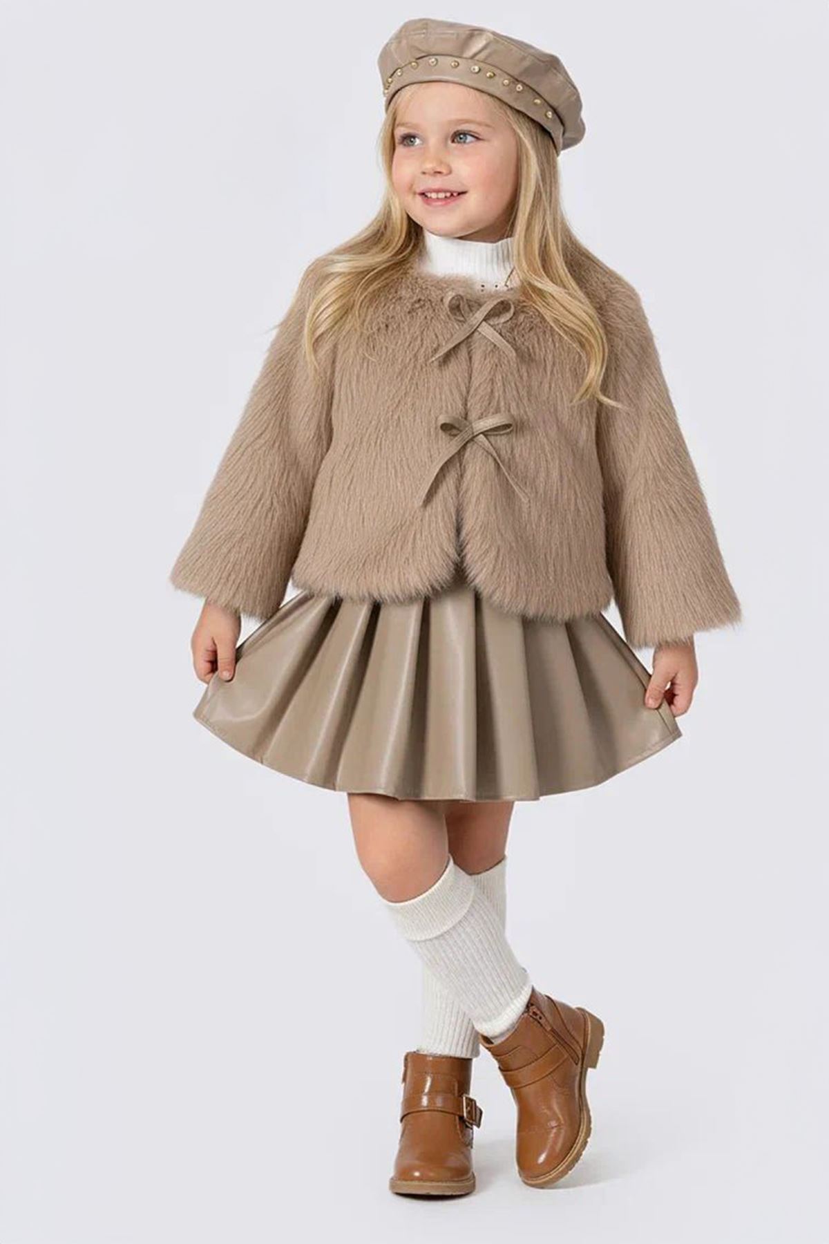 Miniğimin Cicileri Kürklü Deri Etekli Kız Çocuk 4 lü Takım - Açık Kahverengi