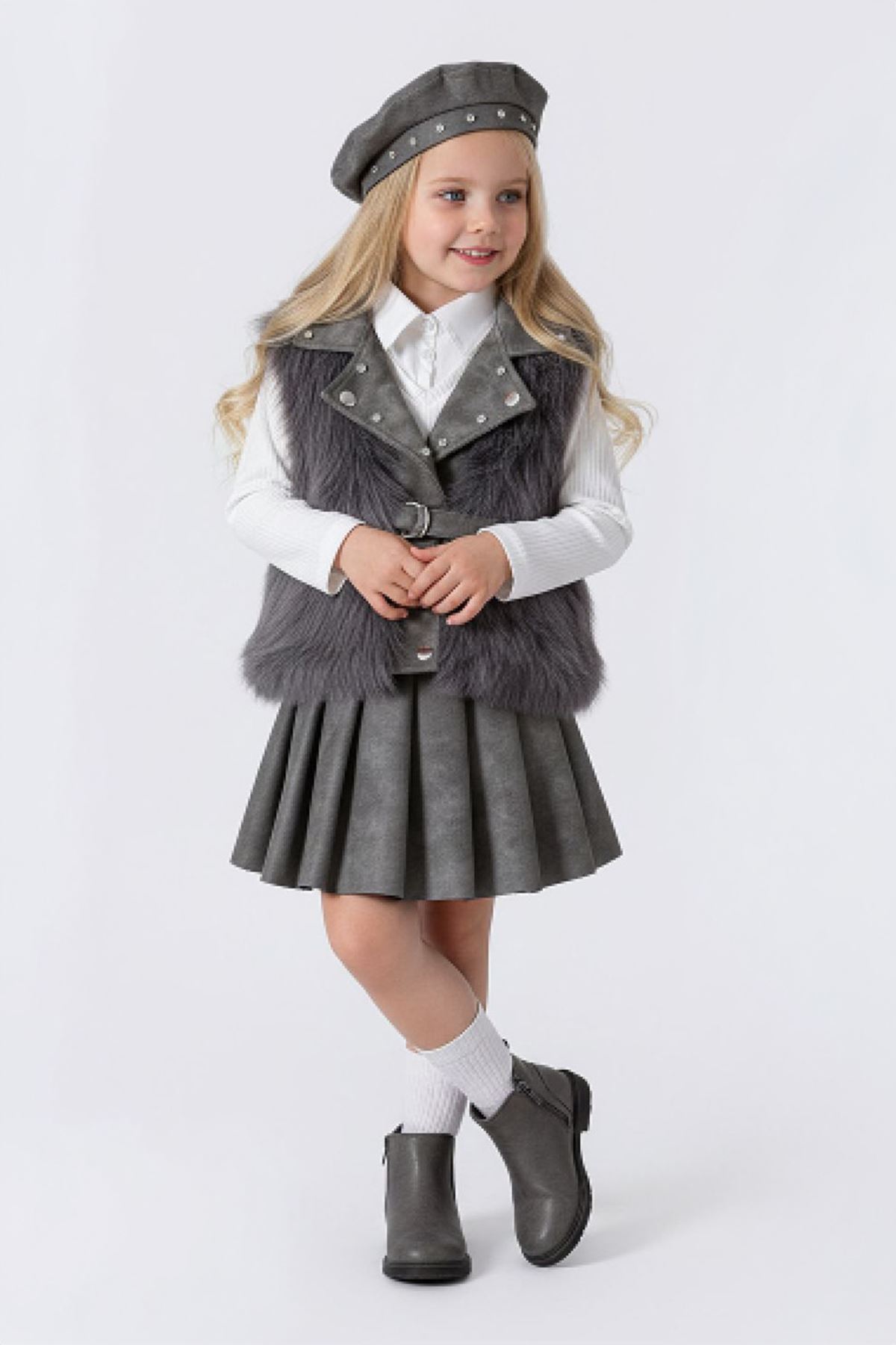 Miniğimin Cicileri Kürk Yelekli Taş Detaylı  4 lü Takım - Gri