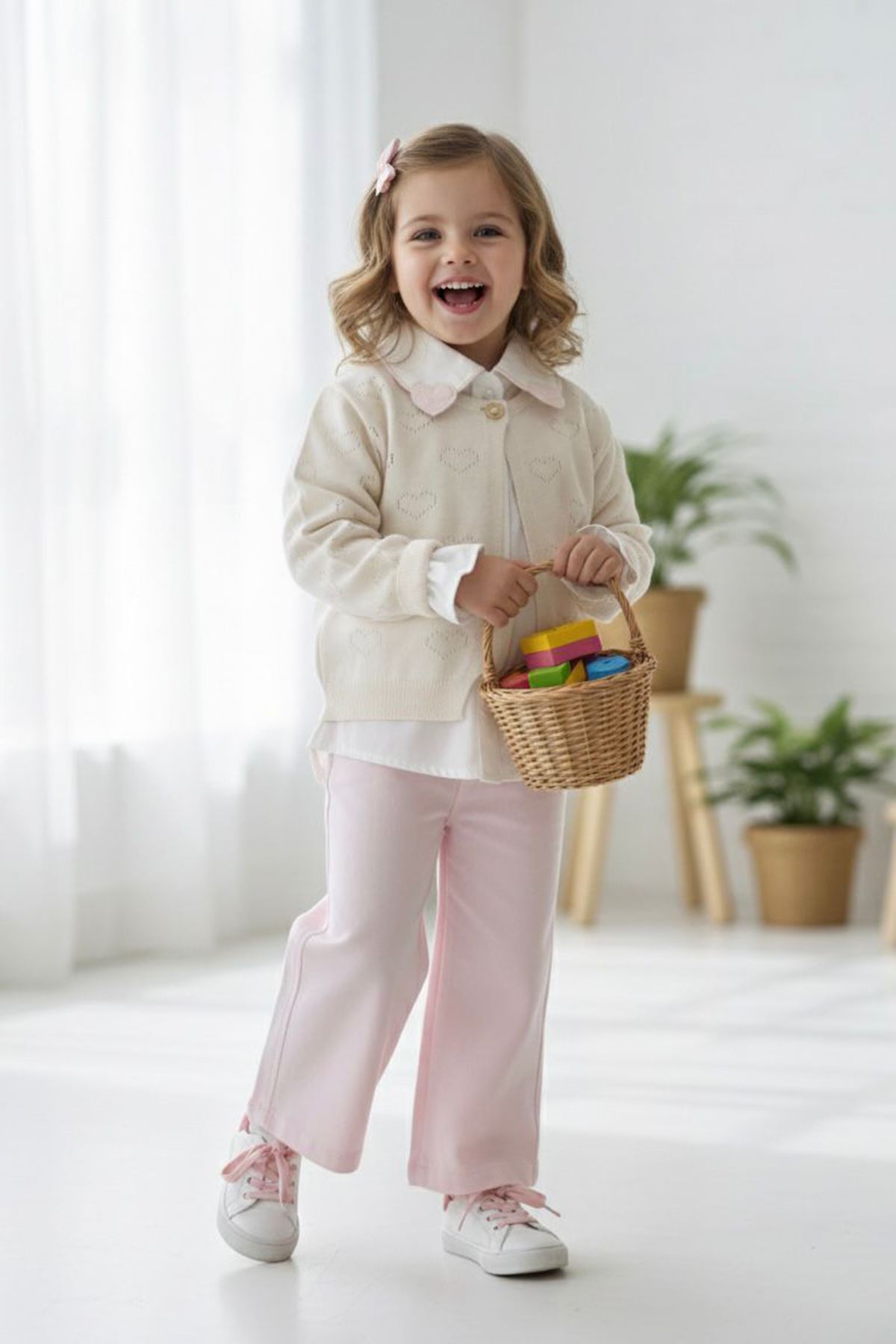 Miniğimin Cicileri Yaka Kalp Detaylı Triko Hırkalı 3 lü Kız Çocuk Takım - Pembe