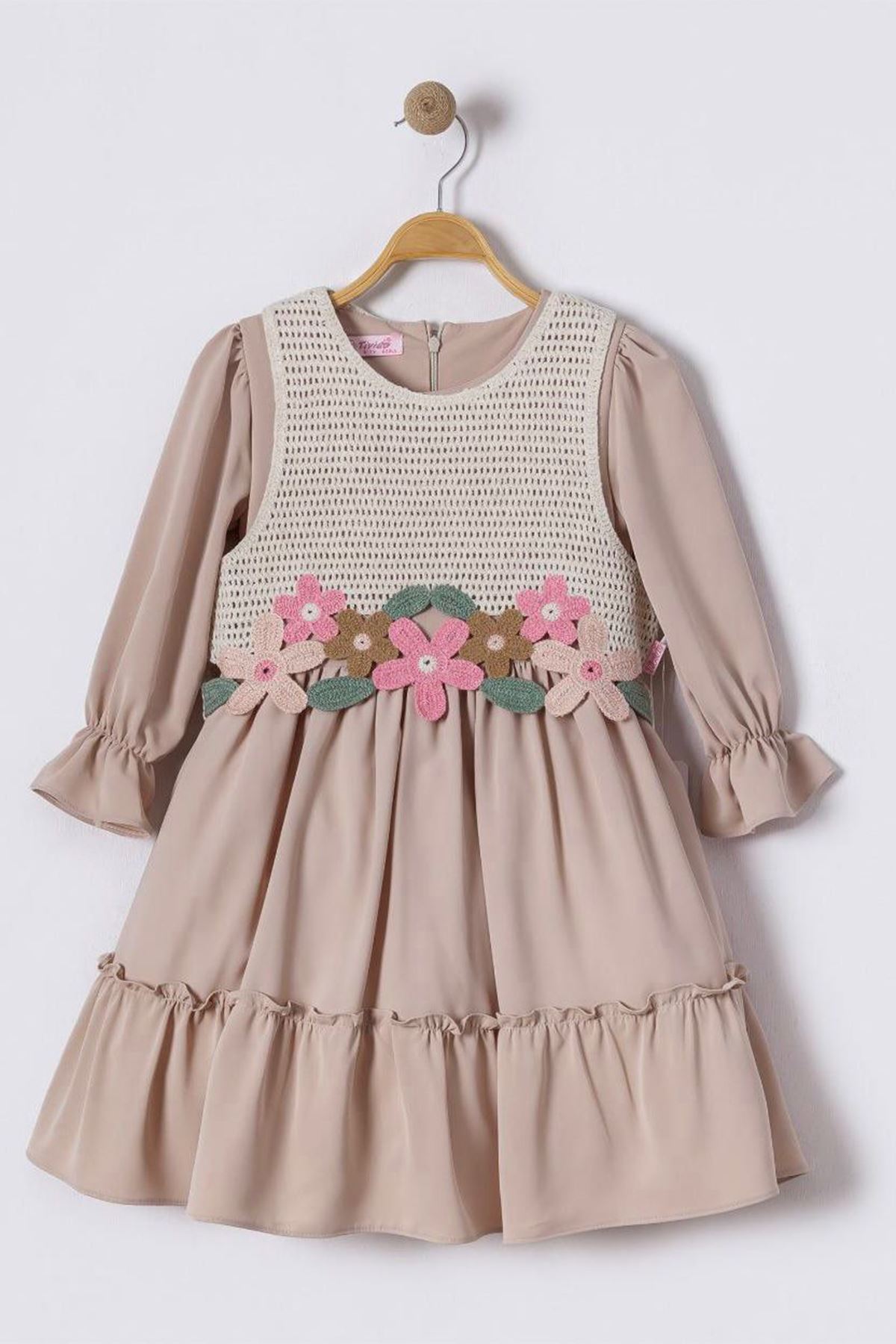 Miniğimin Cicileri Çiçek Aplikeli Uzun Kollu Kız Çocuk Elbise - Bej
