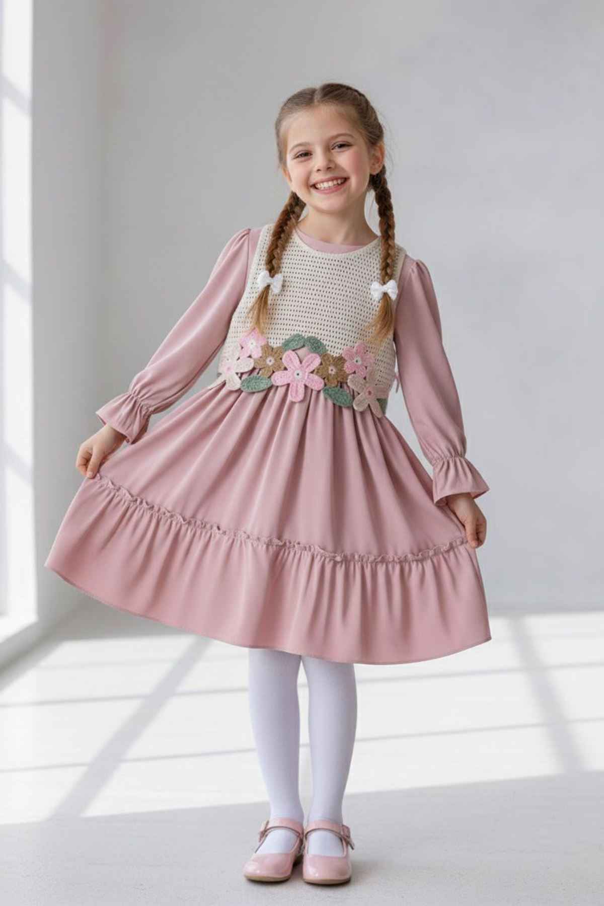 Miniğimin Cicileri Çiçek Aplikeli Uzun Kollu Kız Çocuk Elbise - Gül Kurusu