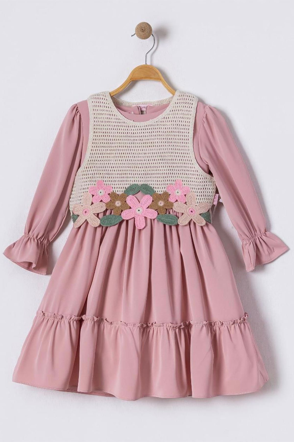 Miniğimin Cicileri Çiçek Aplikeli Uzun Kollu Kız Çocuk Elbise - Gül Kurusu