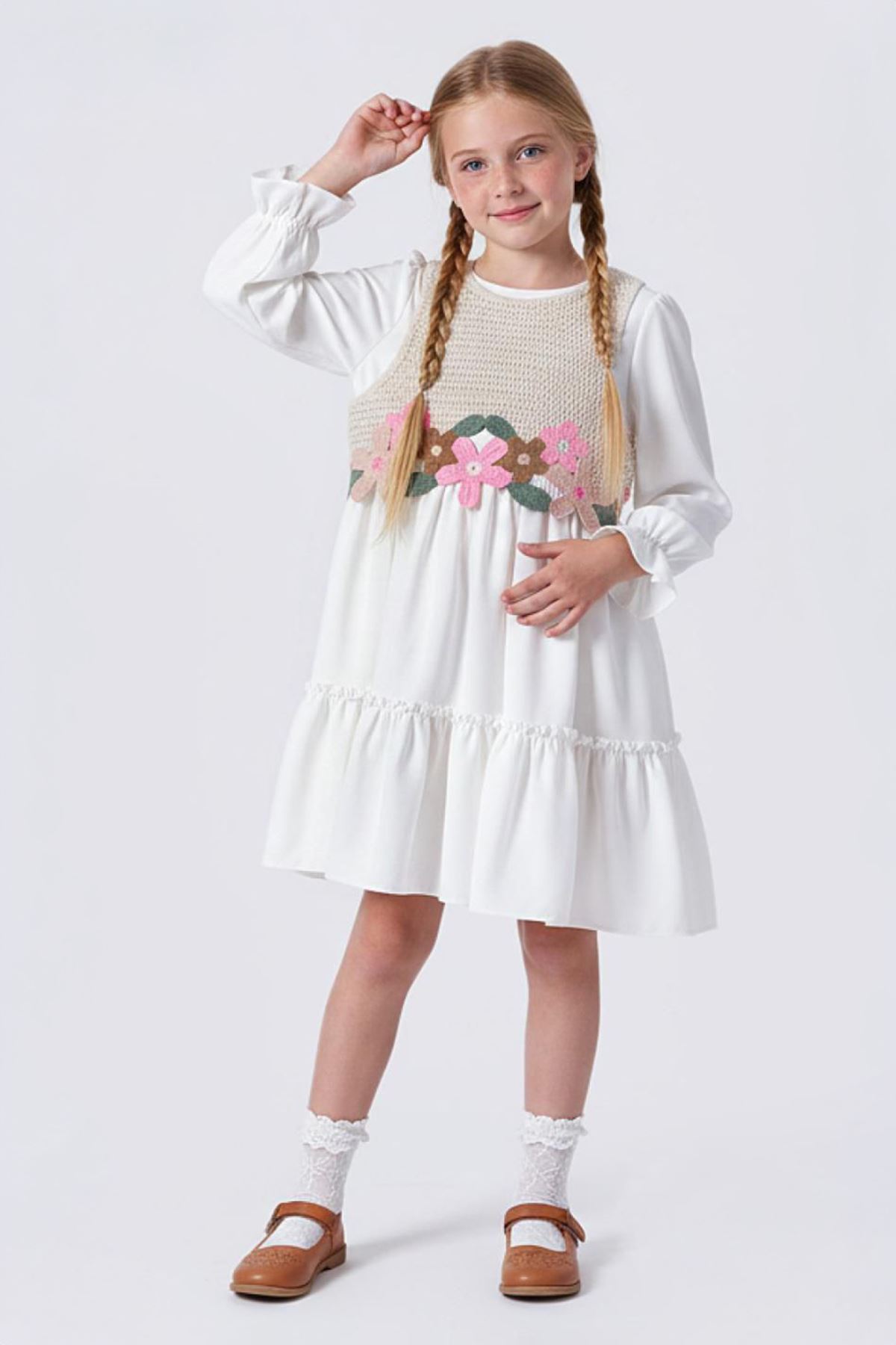Miniğimin Cicileri Çiçek Aplikeli Uzun Kollu Kız Çocuk Elbise - Beyaz