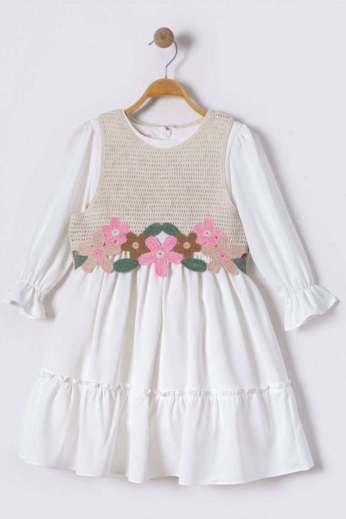 Miniğimin Cicileri Çiçek Aplikeli Uzun Kollu Kız Çocuk Elbise - Beyaz