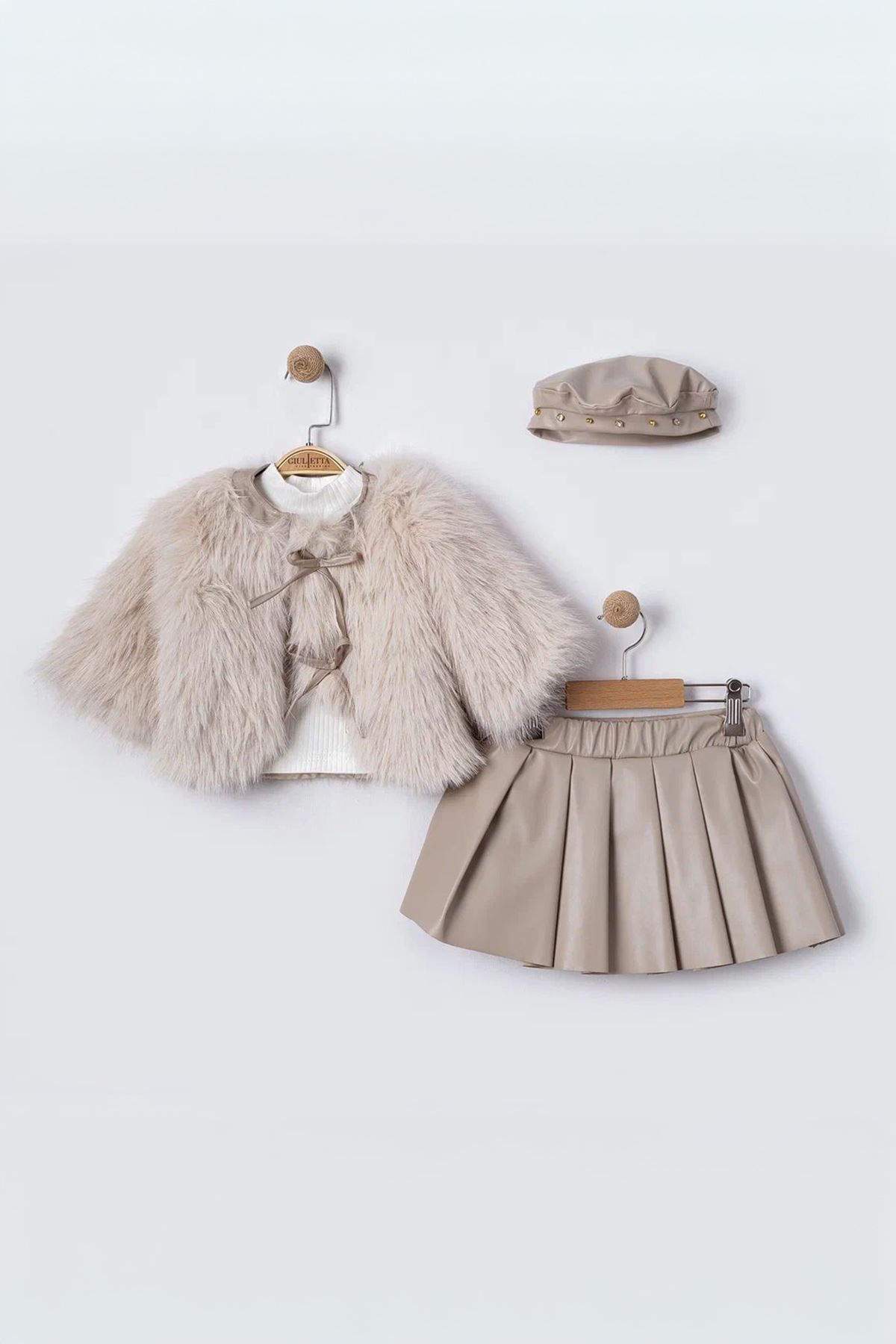 Miniğimin Cicileri Kürklü Deri Etekli Kız Çocuk 4 lü Takım - Bej