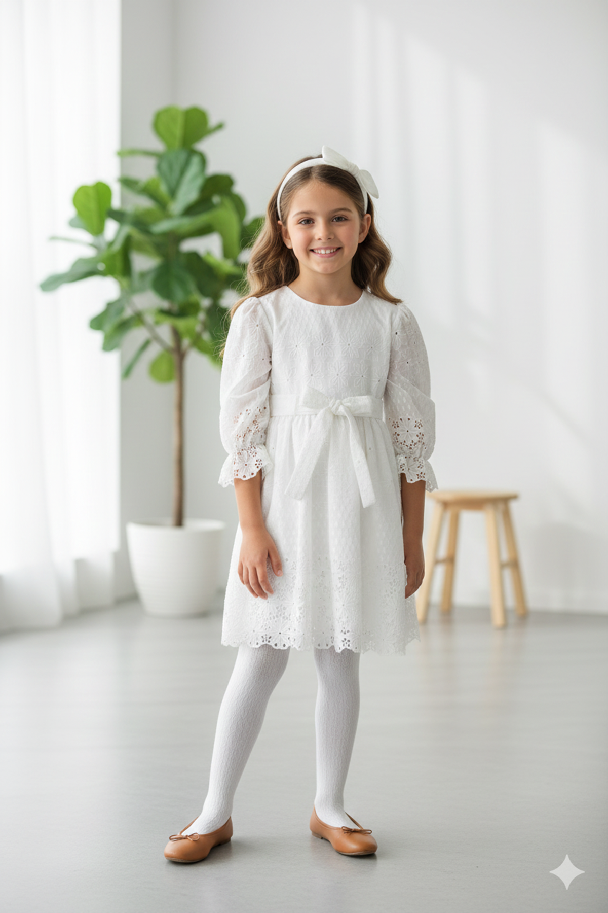 Miniğimin Cicileri Brode Çiçek Detaylı Kız Çocuk Elbise - Beyaz