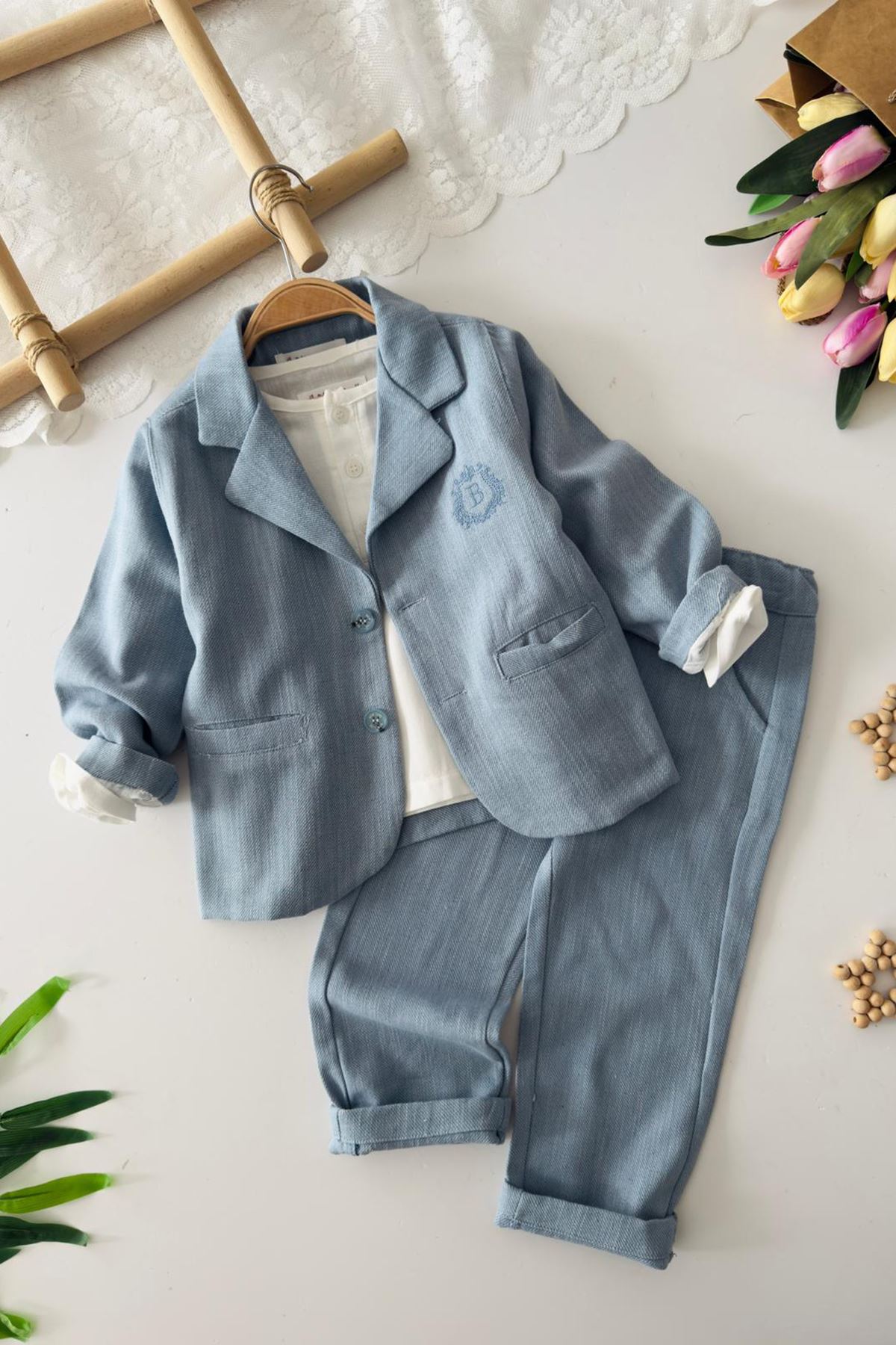 Miniğimin Cicileri B Nakış Detaylı Erkek Çocuk Ceketli 3’lü Spor Takım - Mavi