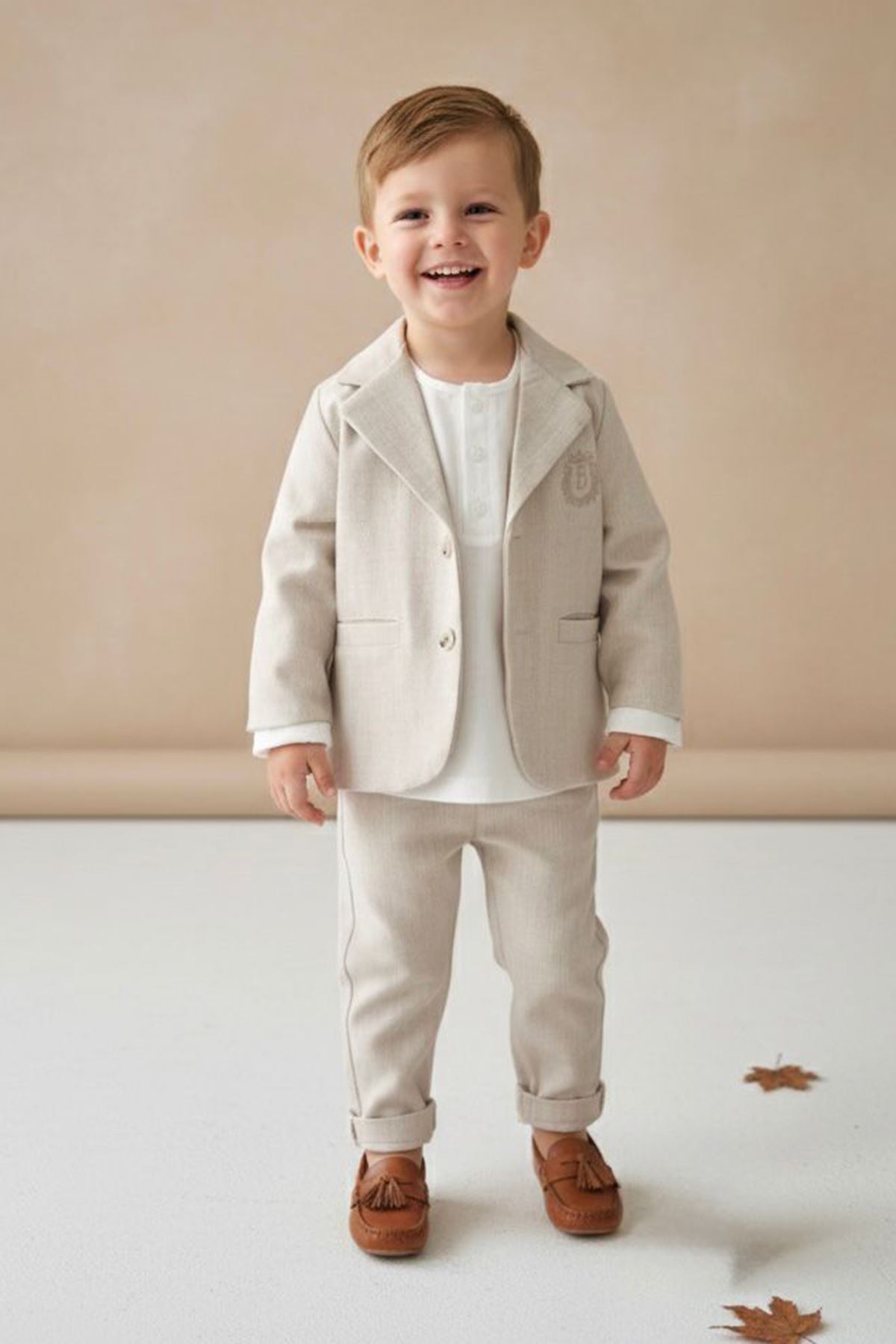 Miniğimin Cicileri B Nakış Detaylı Erkek Çocuk Ceketli 3’lü Spor Takım - Bej
