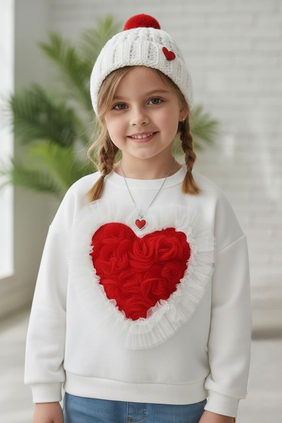Miniğimin Cicileri Kalp Gül Detaylı Kız Çocuk Sweat - Beyaz