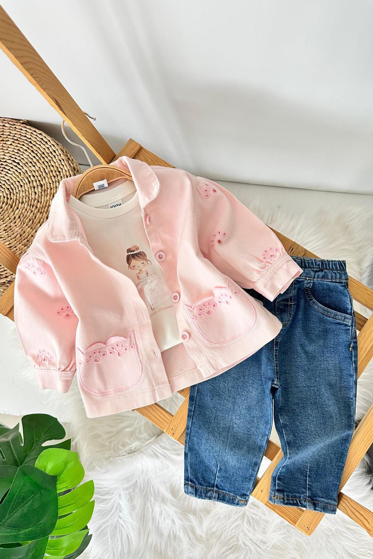 Miniğimin Cicileri Prenses Baskılı Lazer Kesim Ceketli 3 lü  Kız Bebek Takım - Pembe