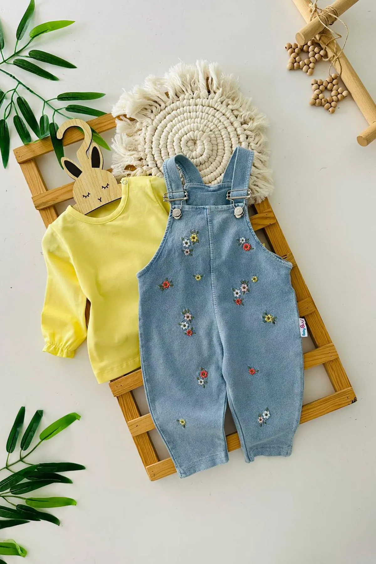 Miniğimin Cicileri Minik Çiçek İşleme Detaylı Kız Bebek Salopetli 2 li Takım - Sarı