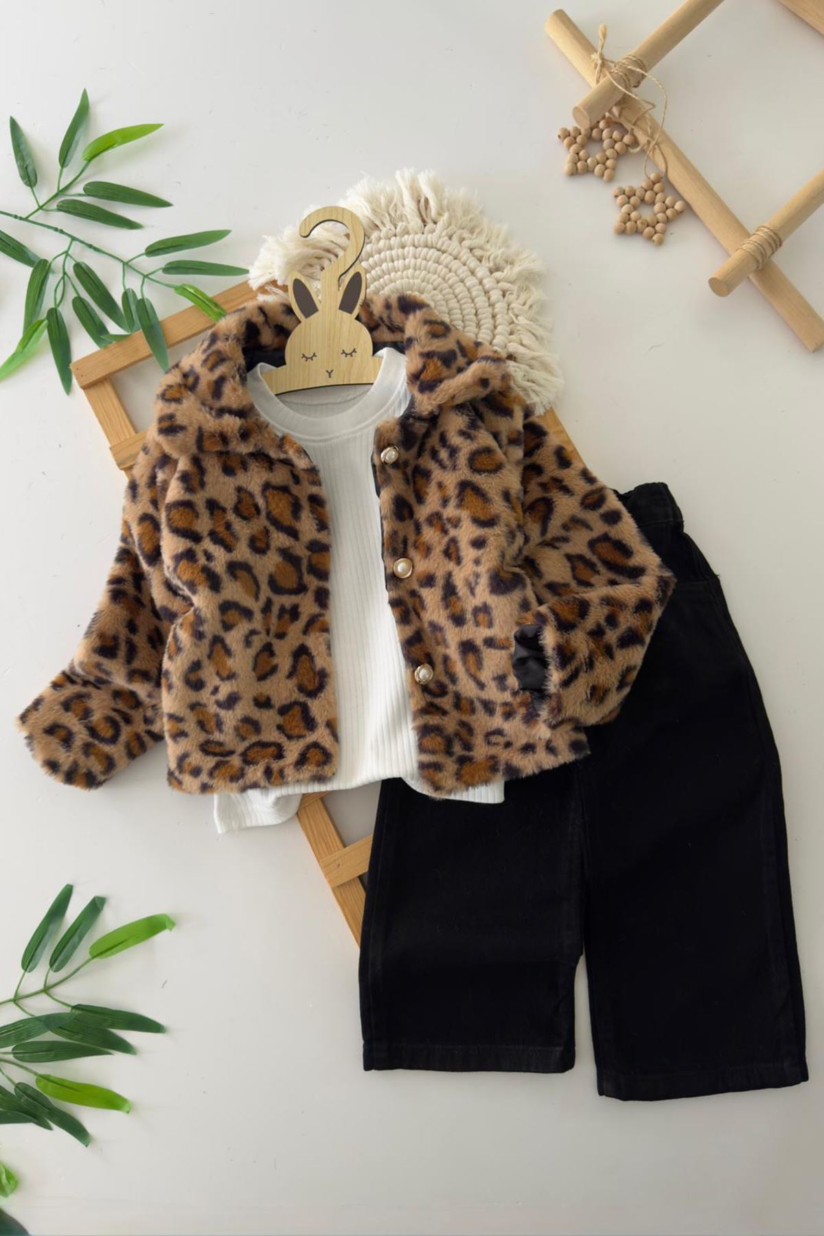 Miniğimin Cicileri Leopar Kürklü 3 lü Kız Çocuk Takım - Kahverengi