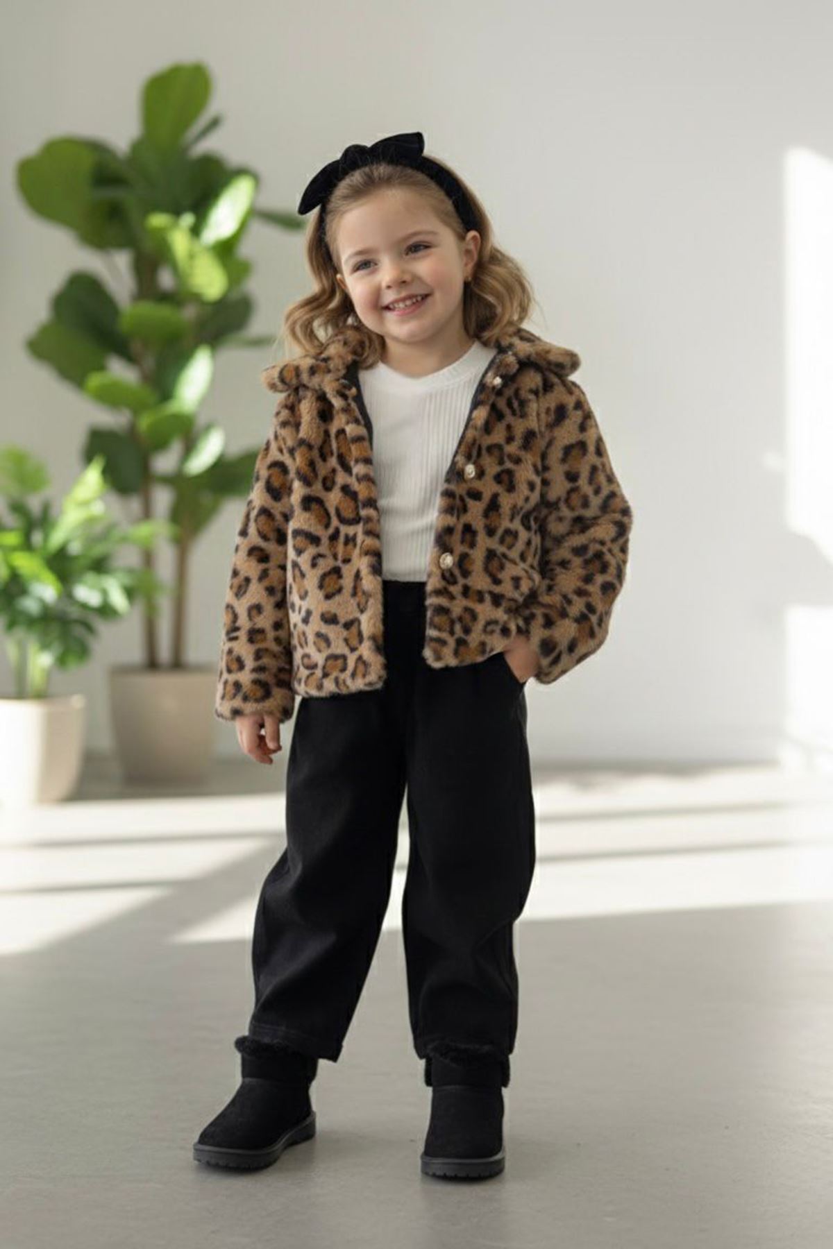 Miniğimin Cicileri Leopar Kürklü 3 lü Kız Çocuk Takım - Kahverengi
