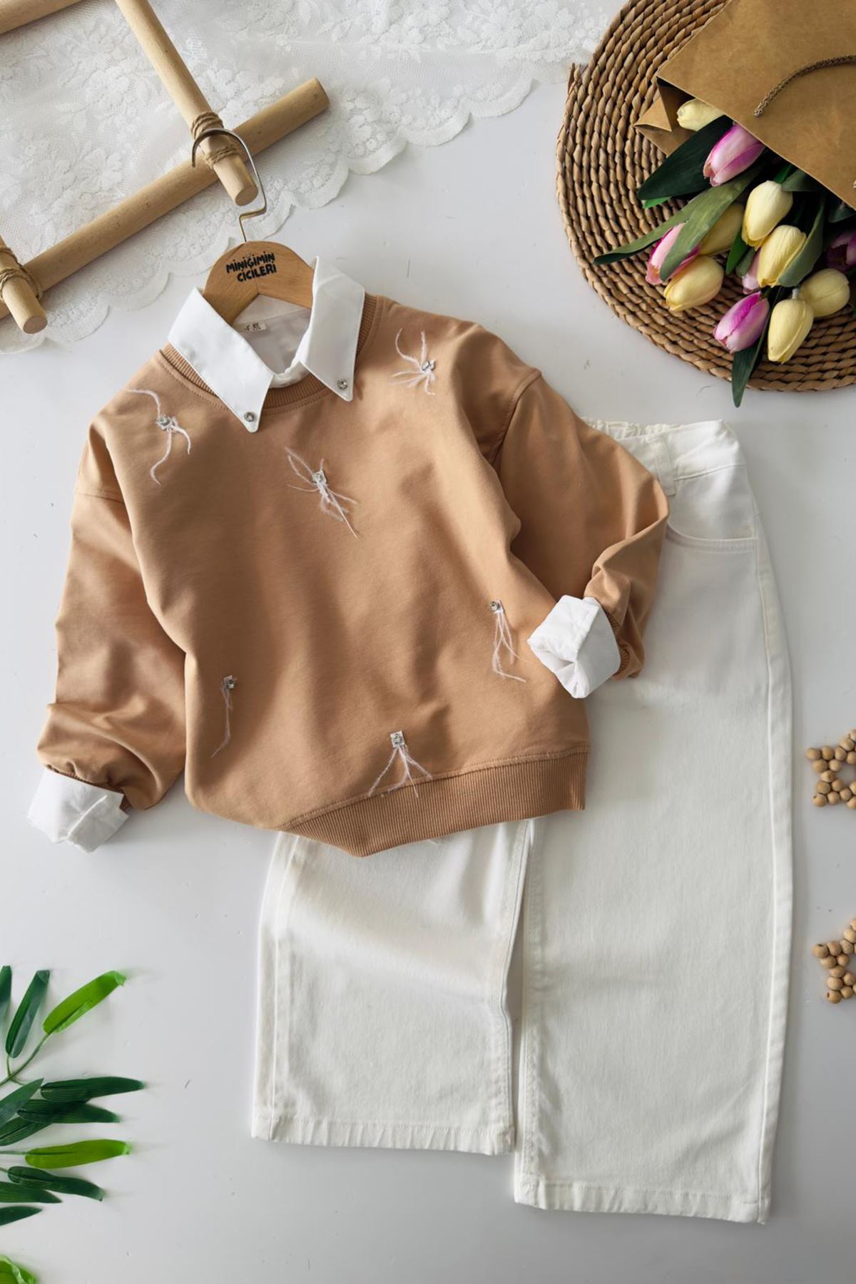 Miniğimin Cicileri Taşlı Tüy Desenli Kız Çocuk Gömlekli 3 lü Takım - Açık Kahve