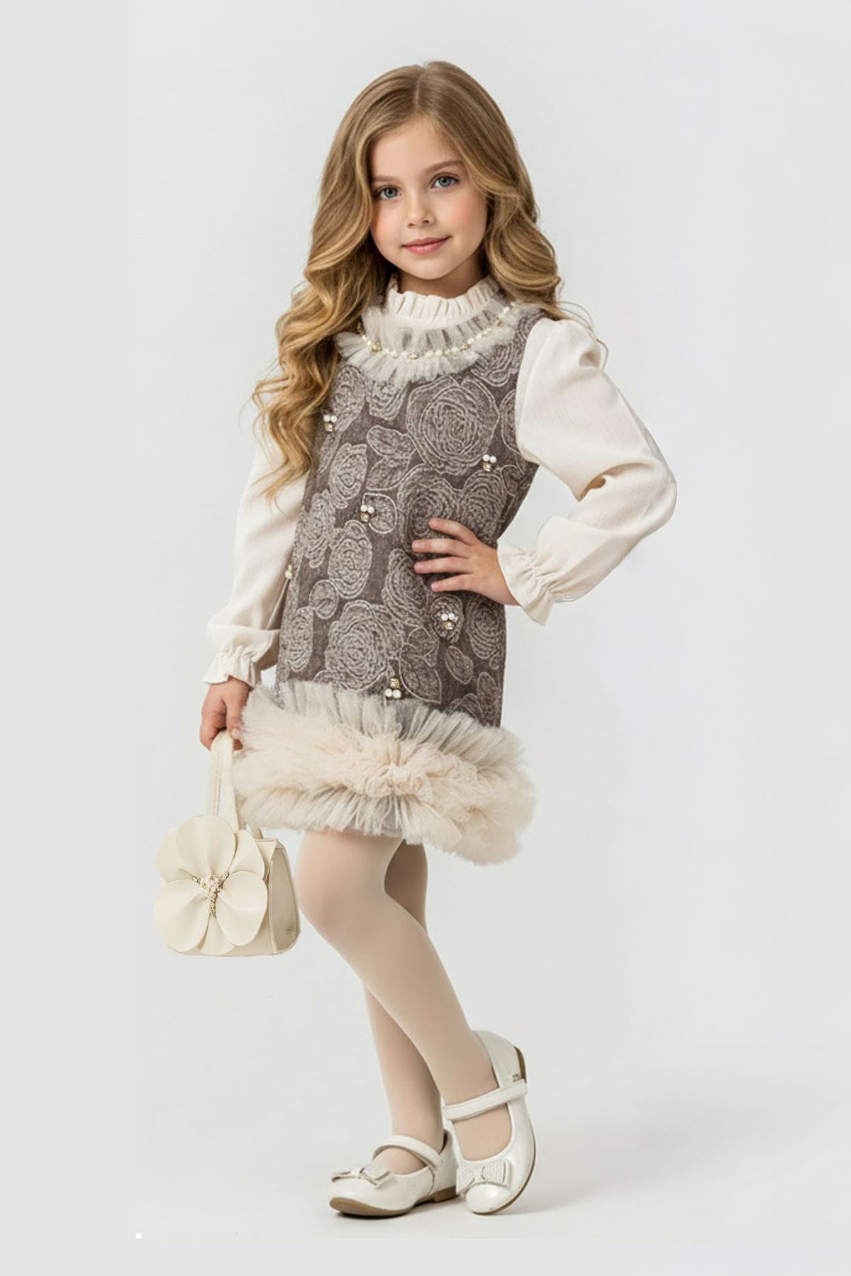 Miniğimin Cicileri Dantel İşlemeli Tül Detaylı Kız Çocuk Elbise ve Çanta Kombin - Kahverengi
