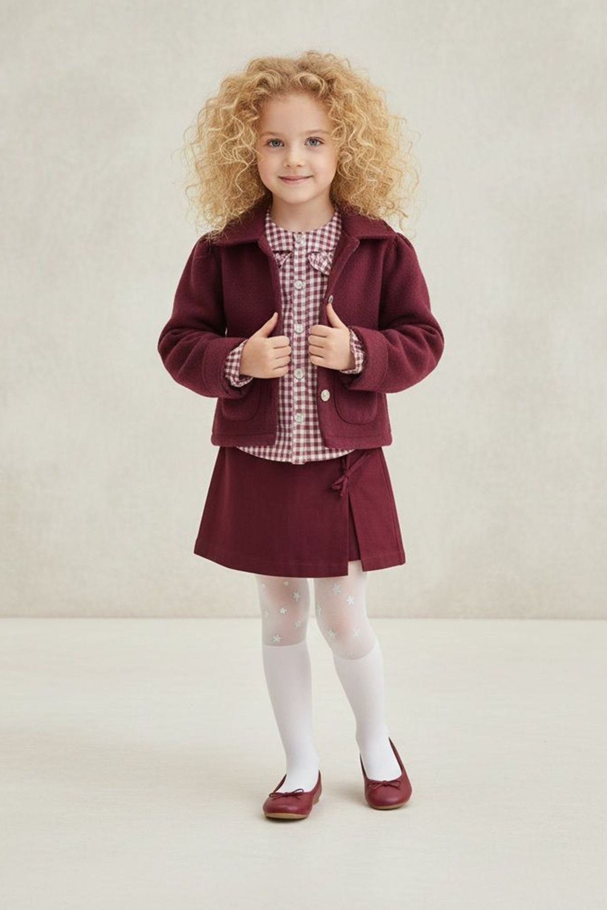 Miniğimin Cicileri Ekose Gömlekli Ceketli Şort Etekli Kız Çocuk 3 lü Takım - Bordo