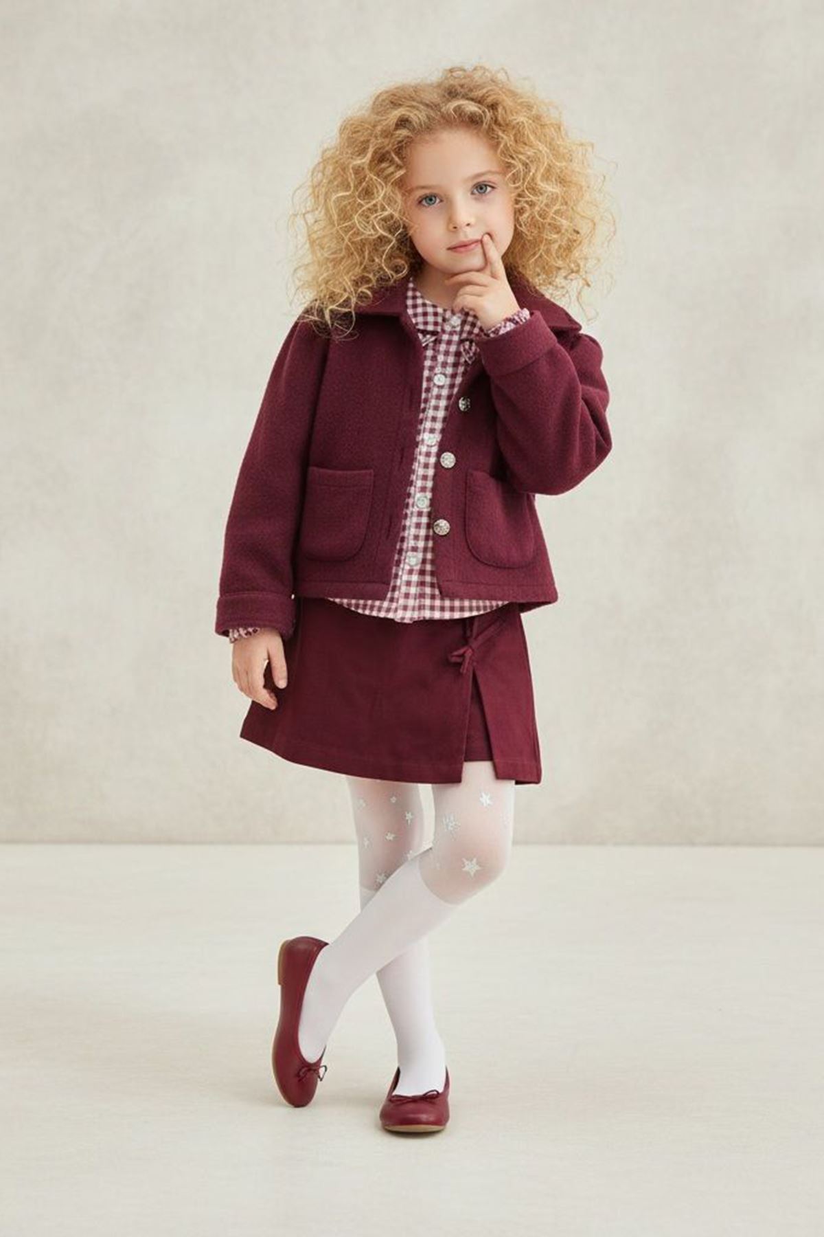 Miniğimin Cicileri Ekose Gömlekli Ceketli Şort Etekli Kız Çocuk 3 lü Takım - Bordo