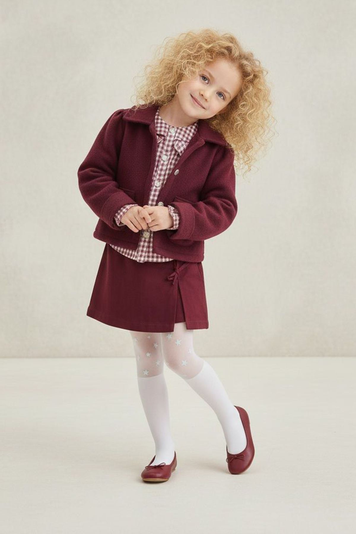 Miniğimin Cicileri Ekose Gömlekli Ceketli Şort Etekli Kız Çocuk 3 lü Takım - Bordo