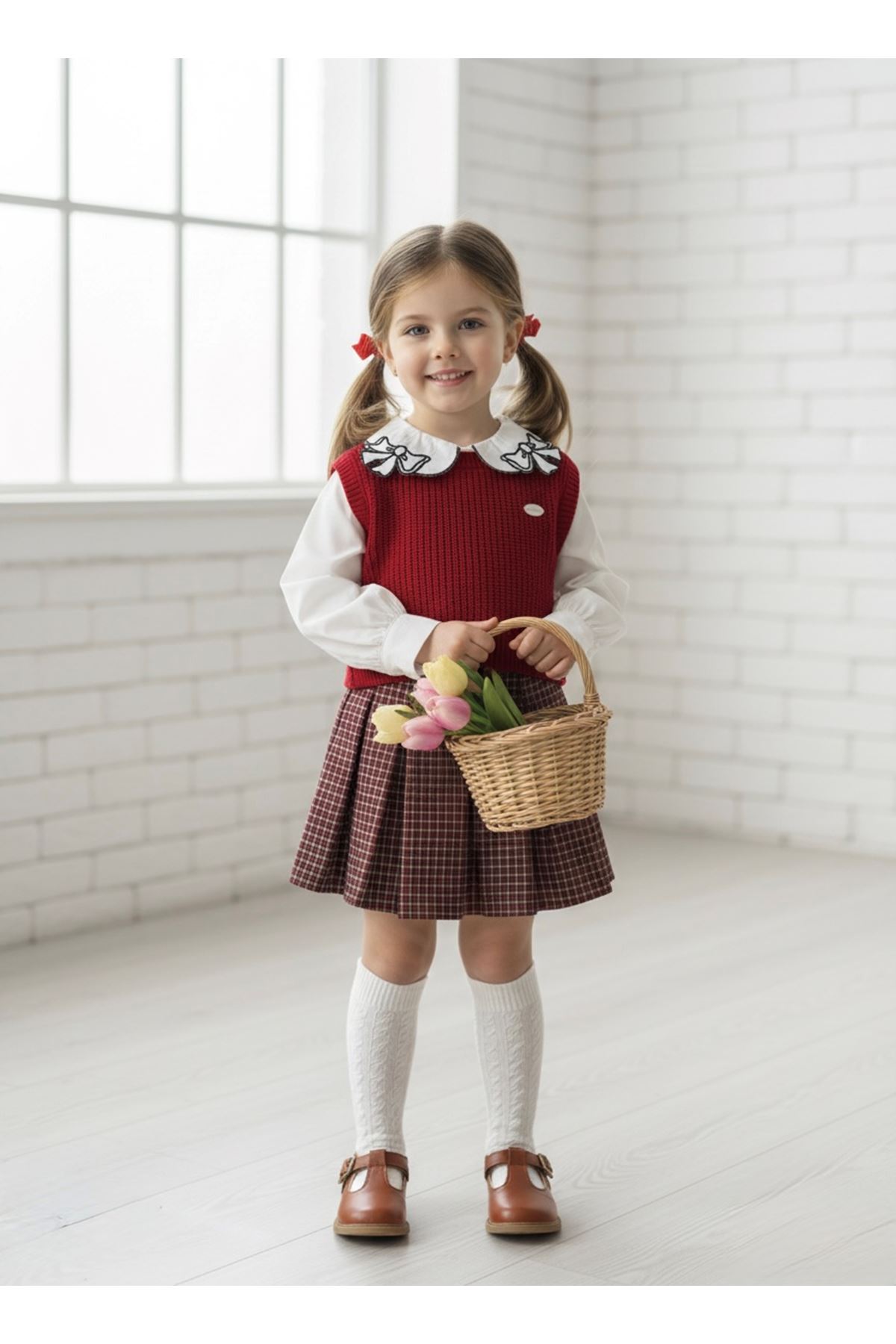 Miniğimin Cicileri Yaka Fiyonk İşleme Detaylı 3 lü Kız Çocuk Takım - Kırmızı