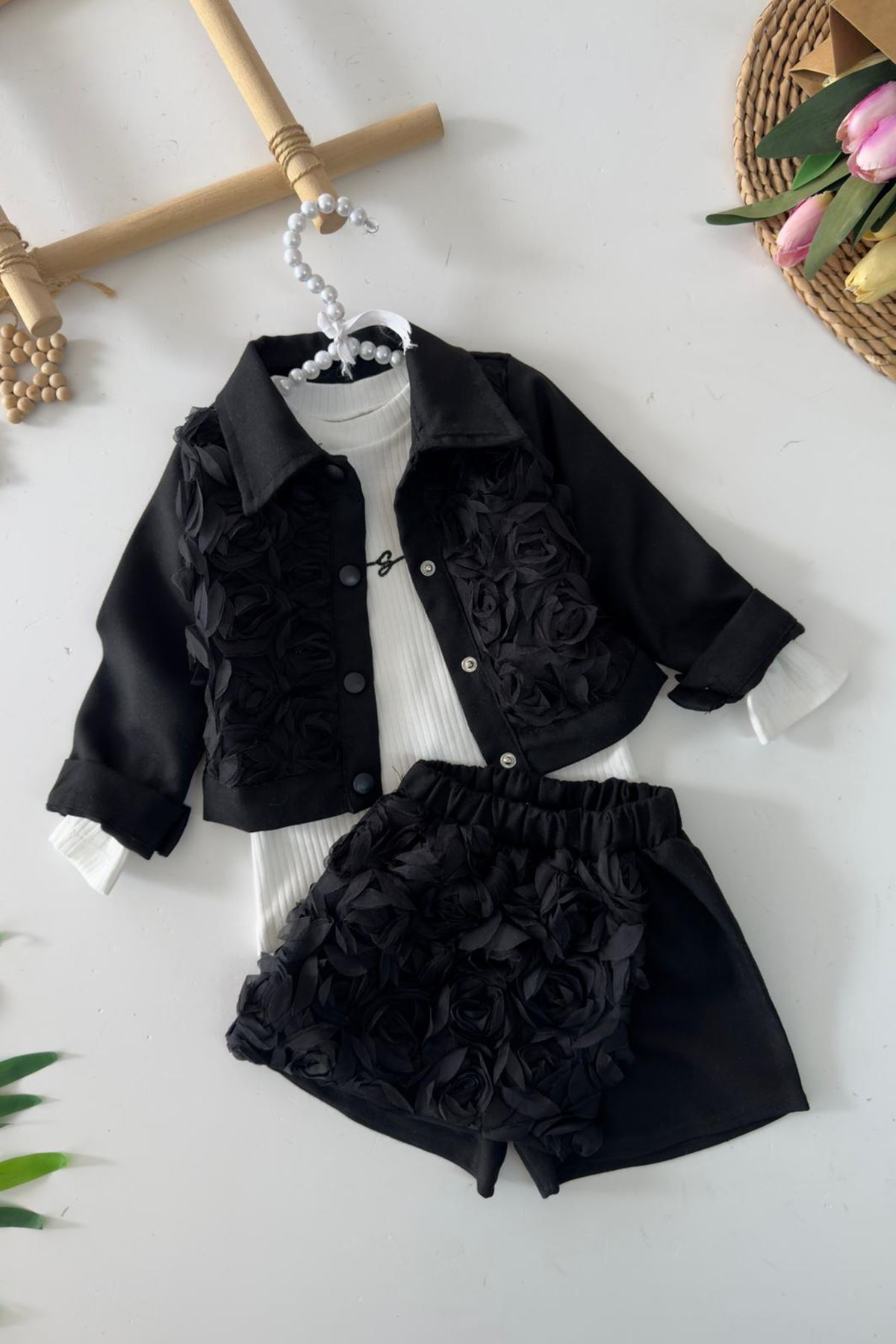 Miniğimin Cicileri Dokulu Gül Detaylı Kız Çocuk 3 lü Takım - Siyah