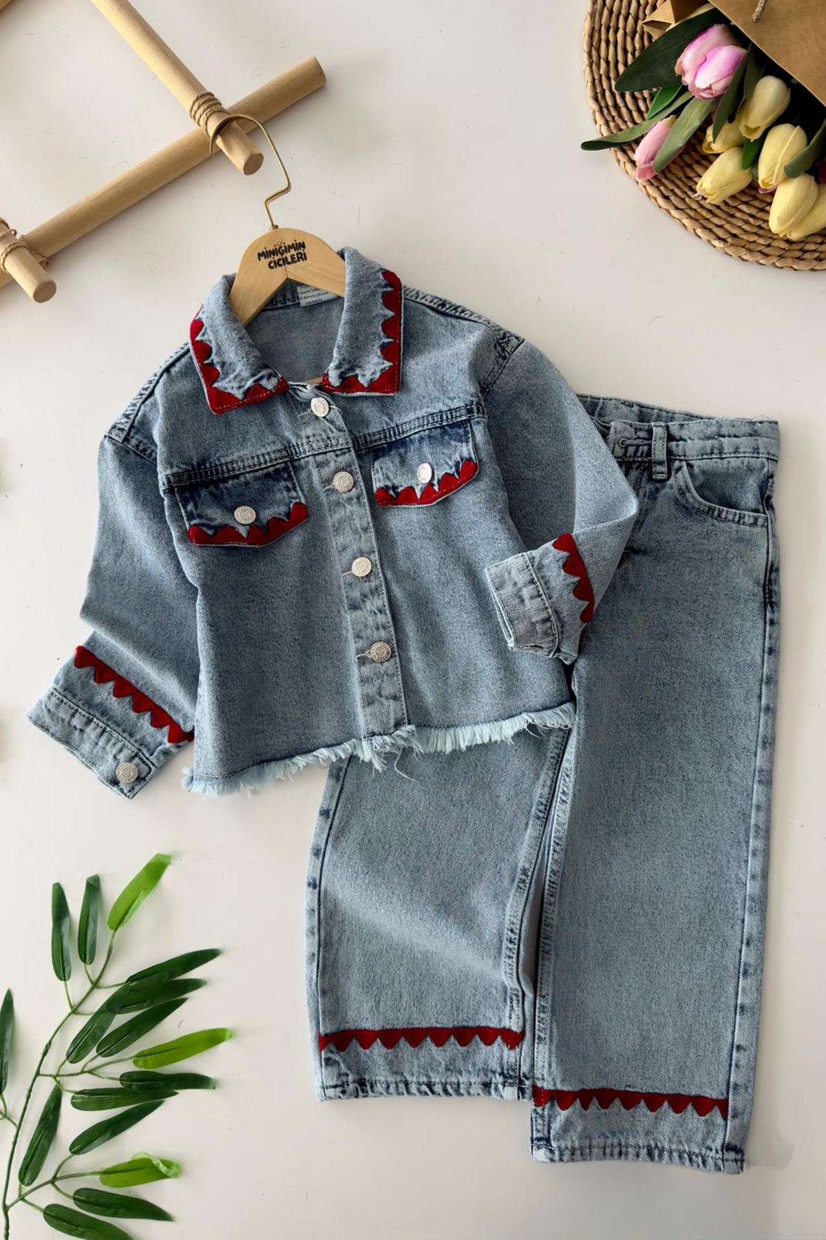 Miniğimin Cicileri Örgü Detaylı Kız Çocuk Kot Takım - Açık Mavi