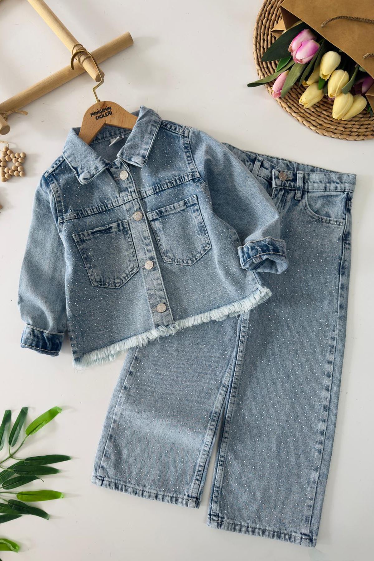 Miniğimin Cicileri Taşlı Cep  Detaylı Kız Çocuk Kot Takım - Açık Mavi