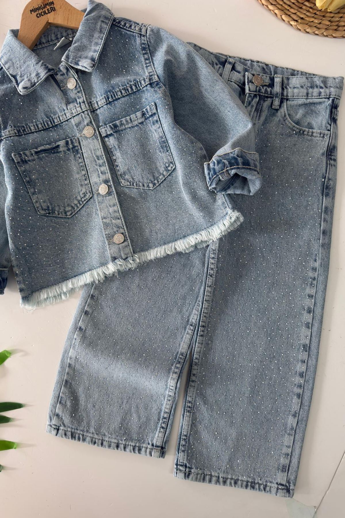 Miniğimin Cicileri Taşlı Cep  Detaylı Kız Çocuk Kot Takım - Açık Mavi