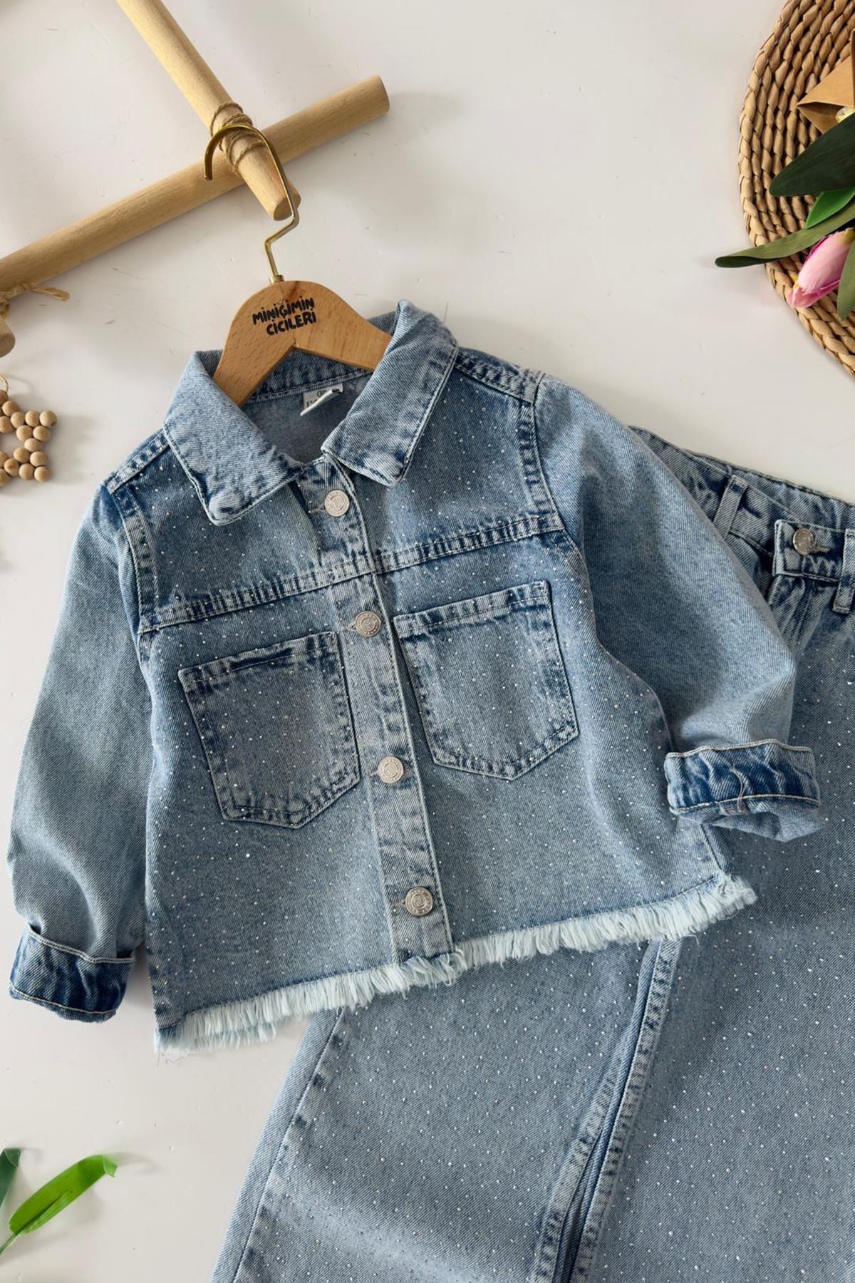 Miniğimin Cicileri Taşlı Cep  Detaylı Kız Çocuk Kot Takım - Açık Mavi