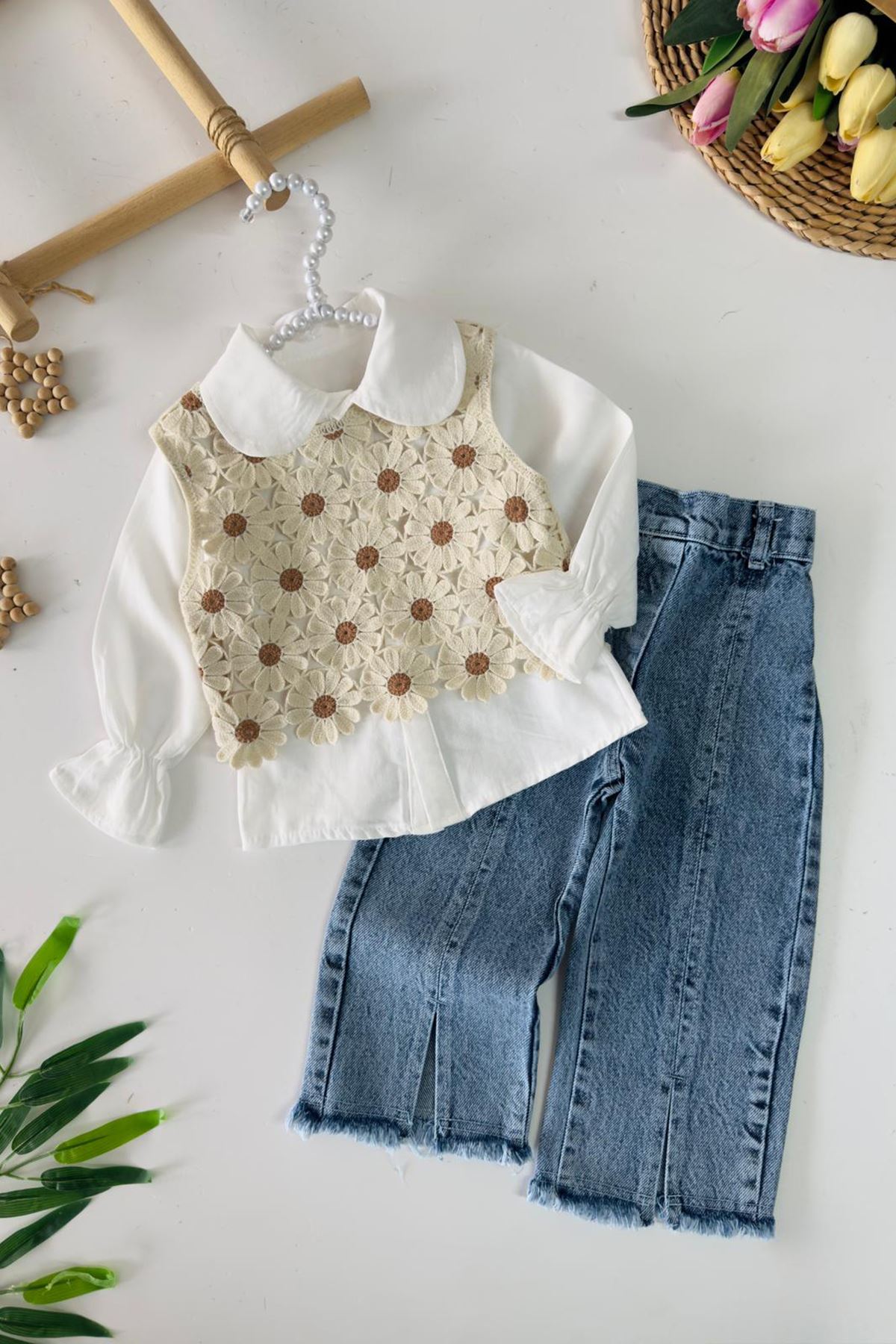 Miniğimin Cicileri Papatya Örgü Desenli 3 lü Kotlu Kız Çocuk Takım - Kahverengi