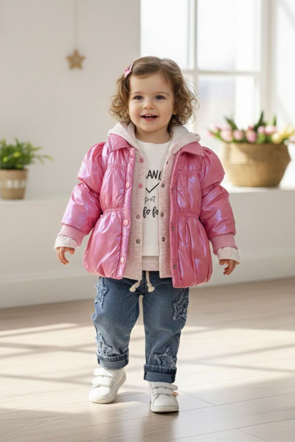Miniğimin Cicileri Hologram Montlu Kapüşonlu Hırkalı 4 lü Kız Bebek Kışlık Takım - Pembe