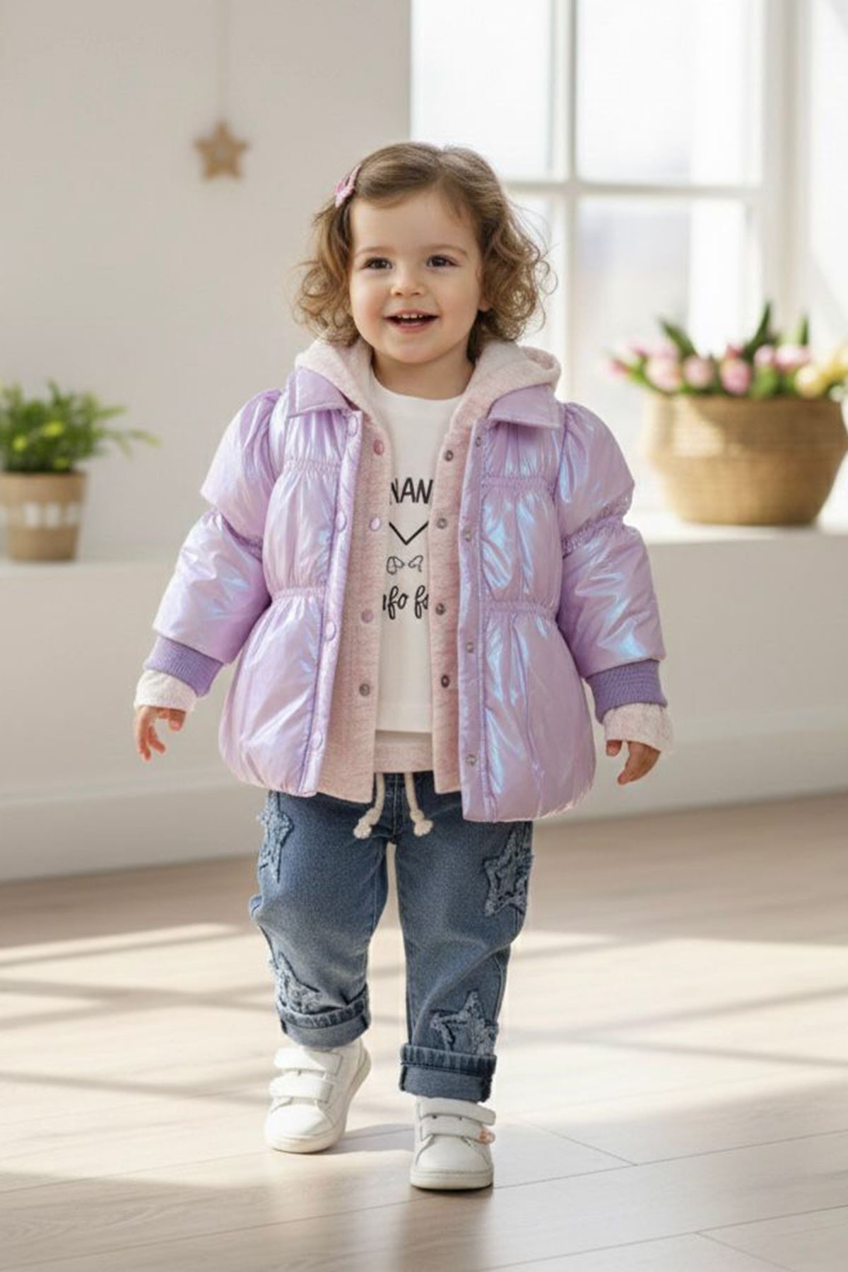 Miniğimin Cicileri Hologram Montlu Kapüşonlu Hırkalı 4 lü Kız Bebek Kışlık Takım - Lila