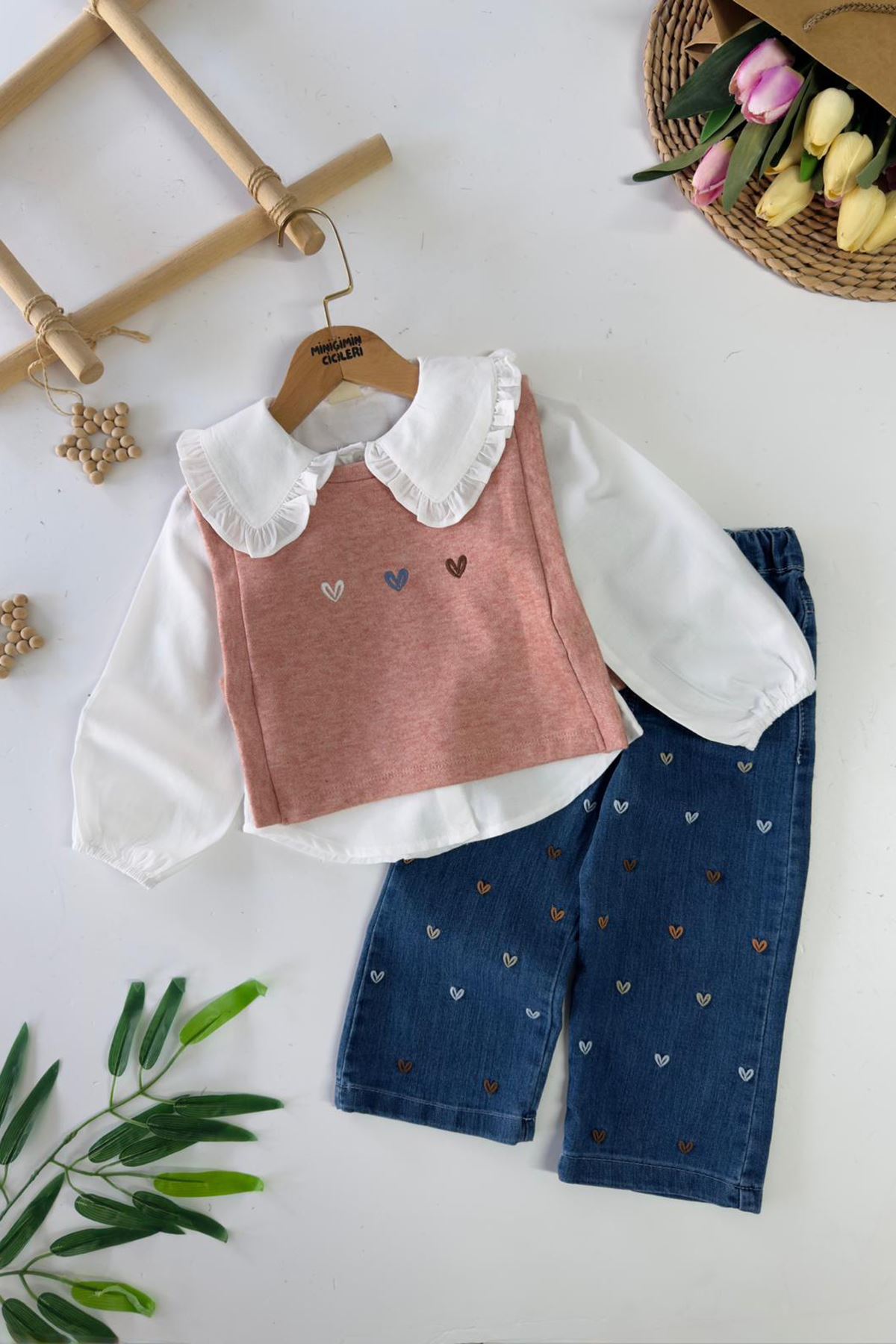 Miniğimin Cicileri Kalp İşleme Detaylı Süeterli Kız Çocuk 3 lü Takım - Pembe