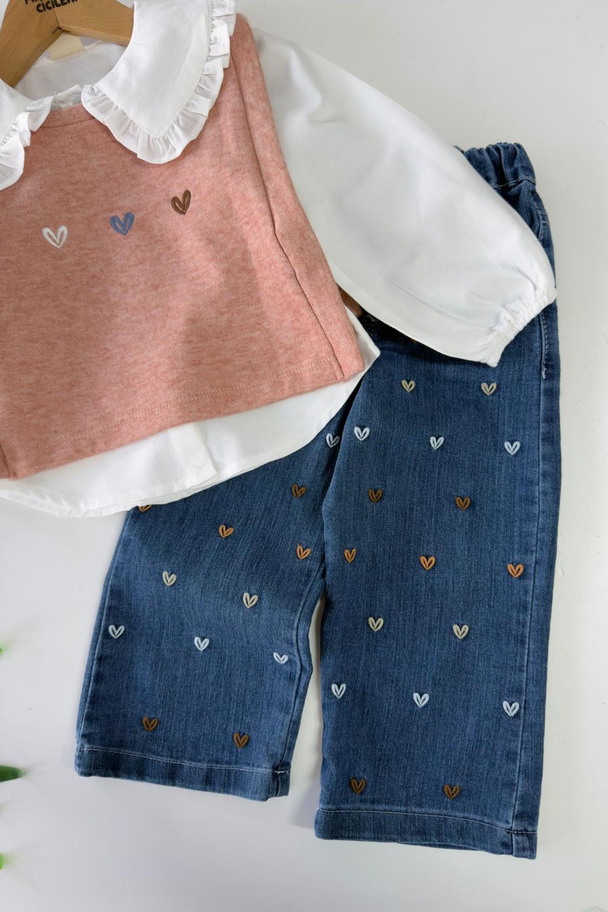 Miniğimin Cicileri Kalp İşleme Detaylı Süeterli Kız Çocuk 3 lü Takım - Pembe