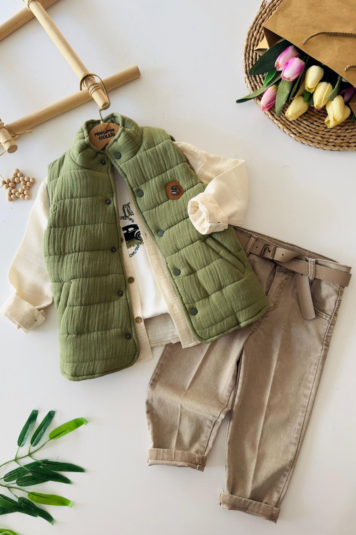 Miniğimin Cicileri Müslin Gömlek ve Şişme Yelekli Pamuklu 5 li Takım - Yeşil