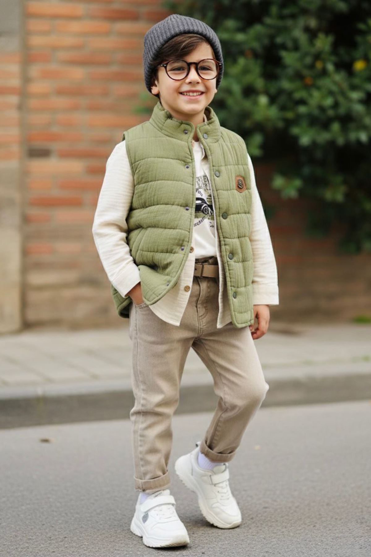 Miniğimin Cicileri Müslin Gömlek ve Şişme Yelekli Pamuklu 5 li Takım - Yeşil