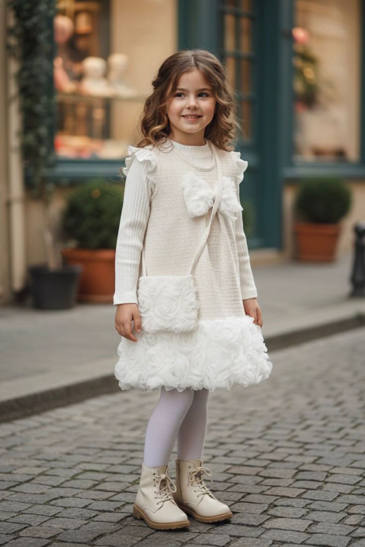 Miniğimin Cicileri Eteği Gül Detaylı Çantalı Kız Çocuk Tüvit Elbise - Krem