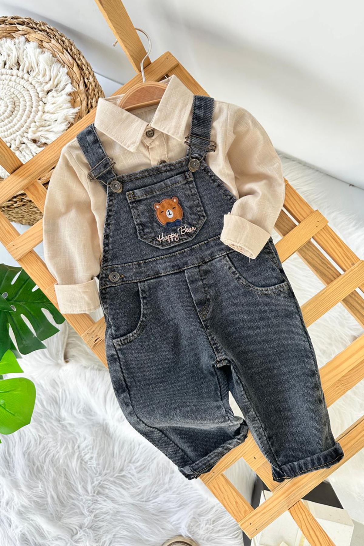 Miniğimin Cicileri Happy Bear İşleme Detaylı Erkek Bebek Salopetli Kot Takım - KahveSiyah