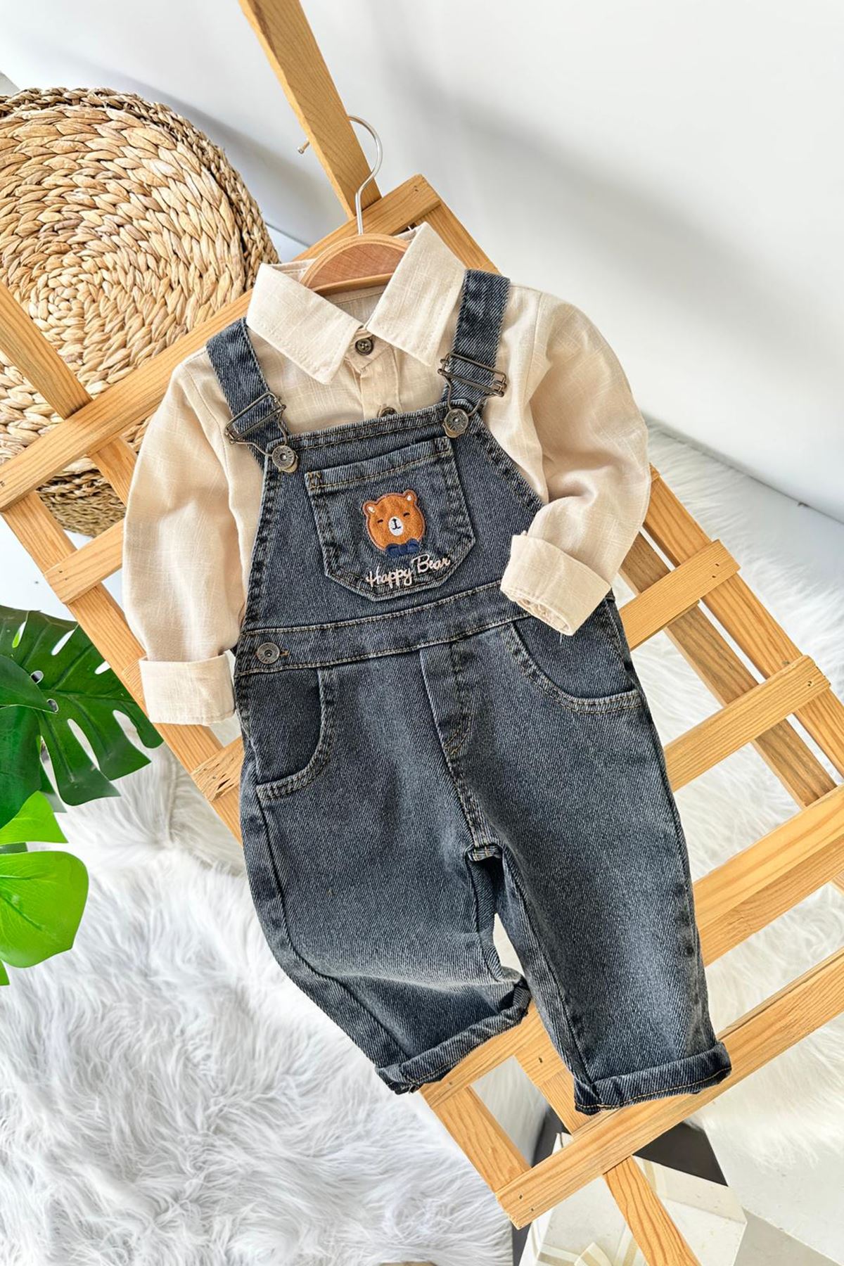 Miniğimin Cicileri Happy Bear İşleme Detaylı Erkek Bebek Salopetli Kot Takım - KahveSiyah