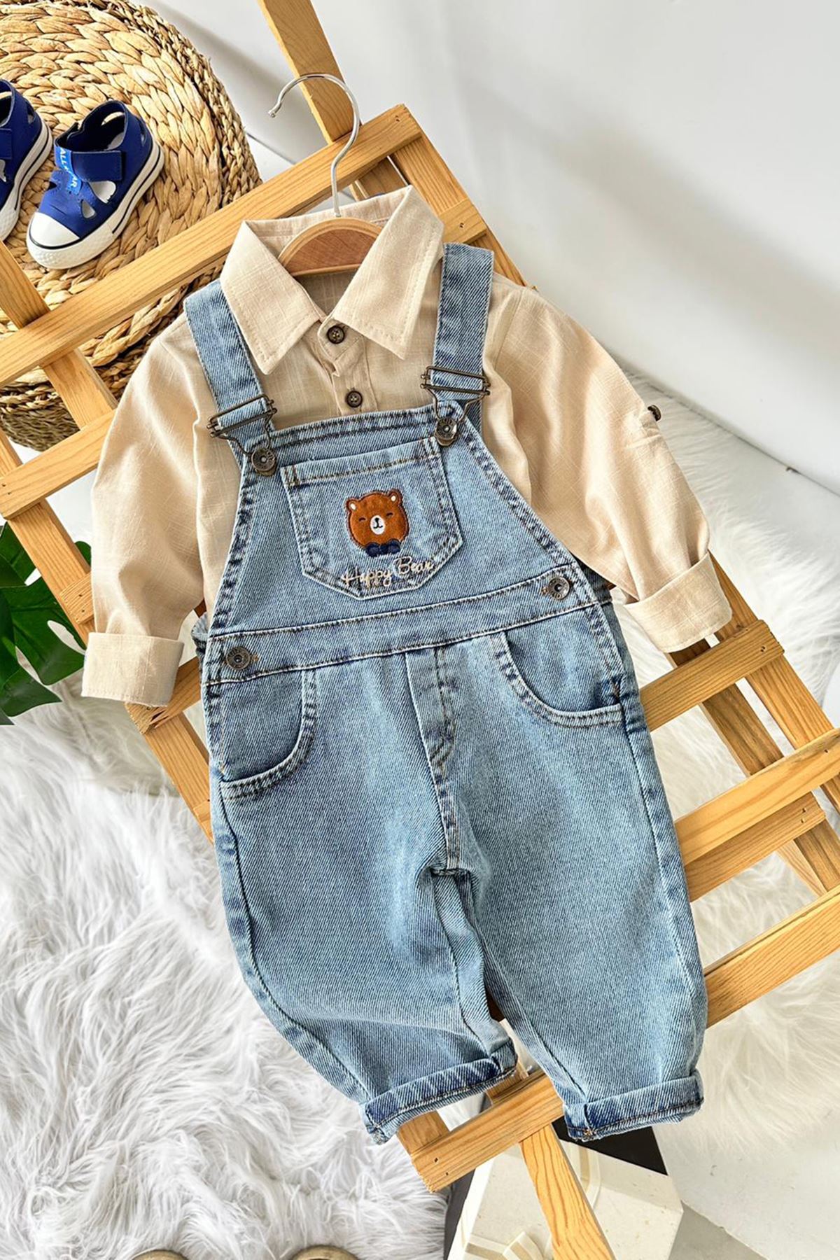 Miniğimin Cicileri Happy Bear İşleme Detaylı Erkek Bebek Salopetli Kot Takım - KahveMavi