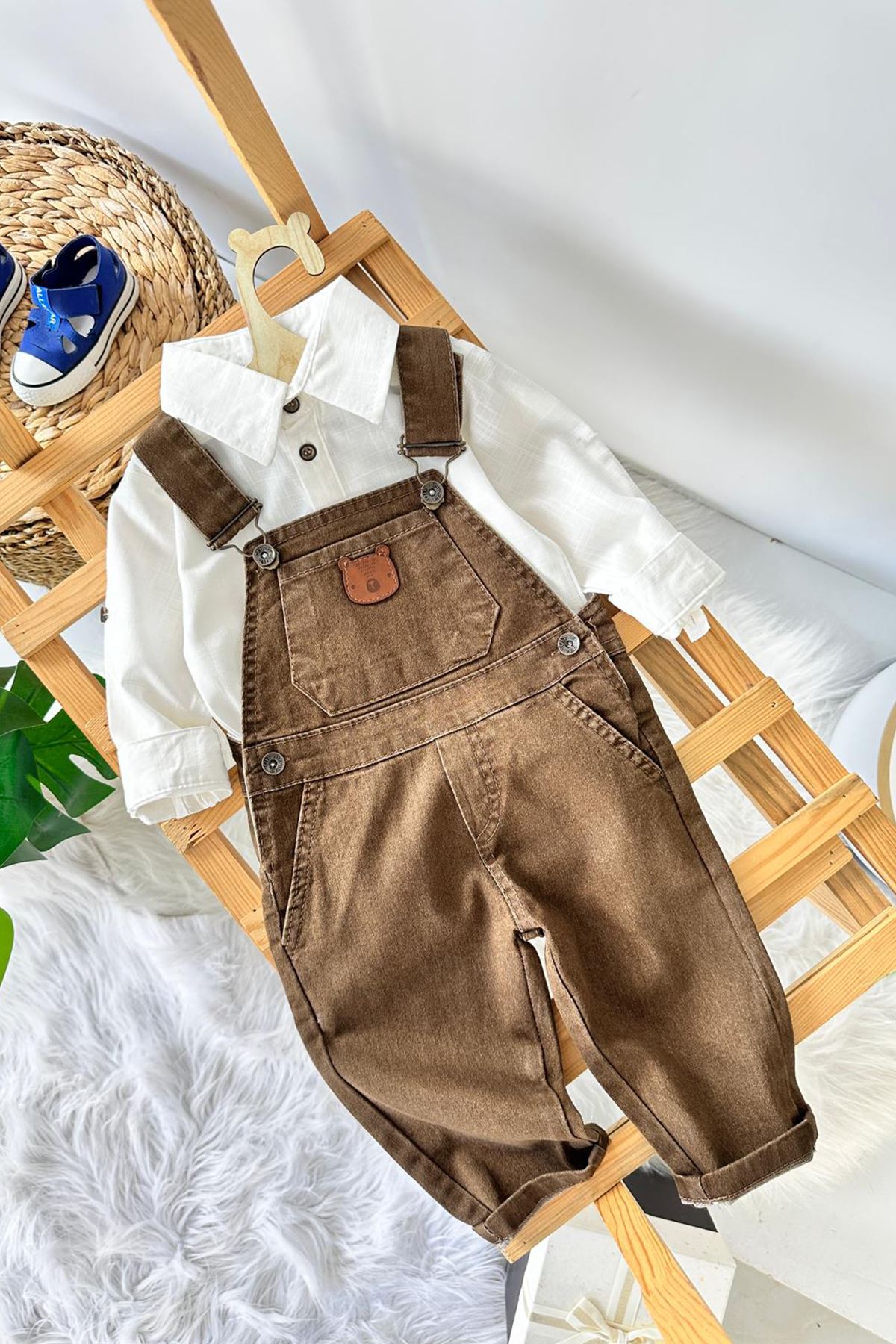 Miniğimin Cicileri  Bear Deri İşleme Detaylı Erkek Bebek Salopetli Gabardin Takım - Kahverengi