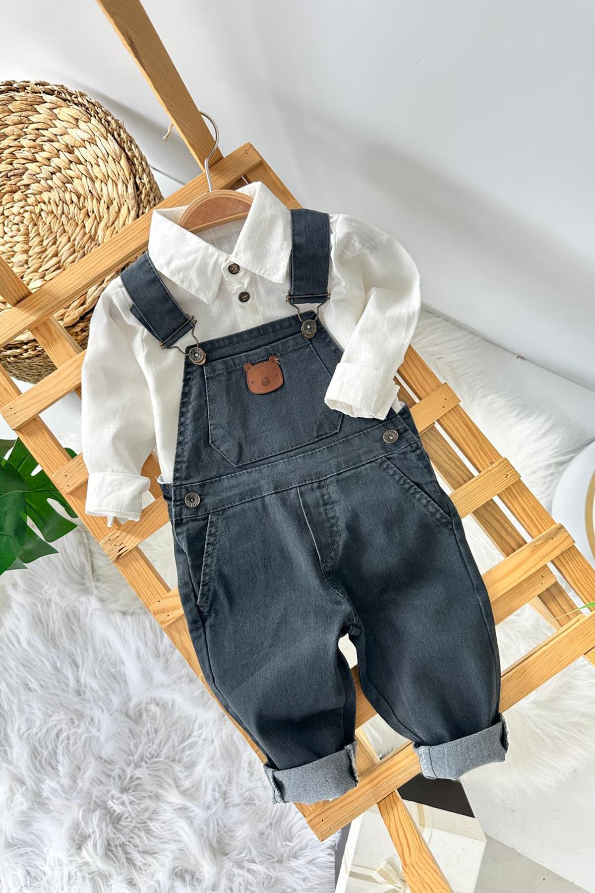 Miniğimin Cicileri  Bear Deri İşleme Detaylı Erkek Bebek Salopetli Gabardin Takım - Siyah