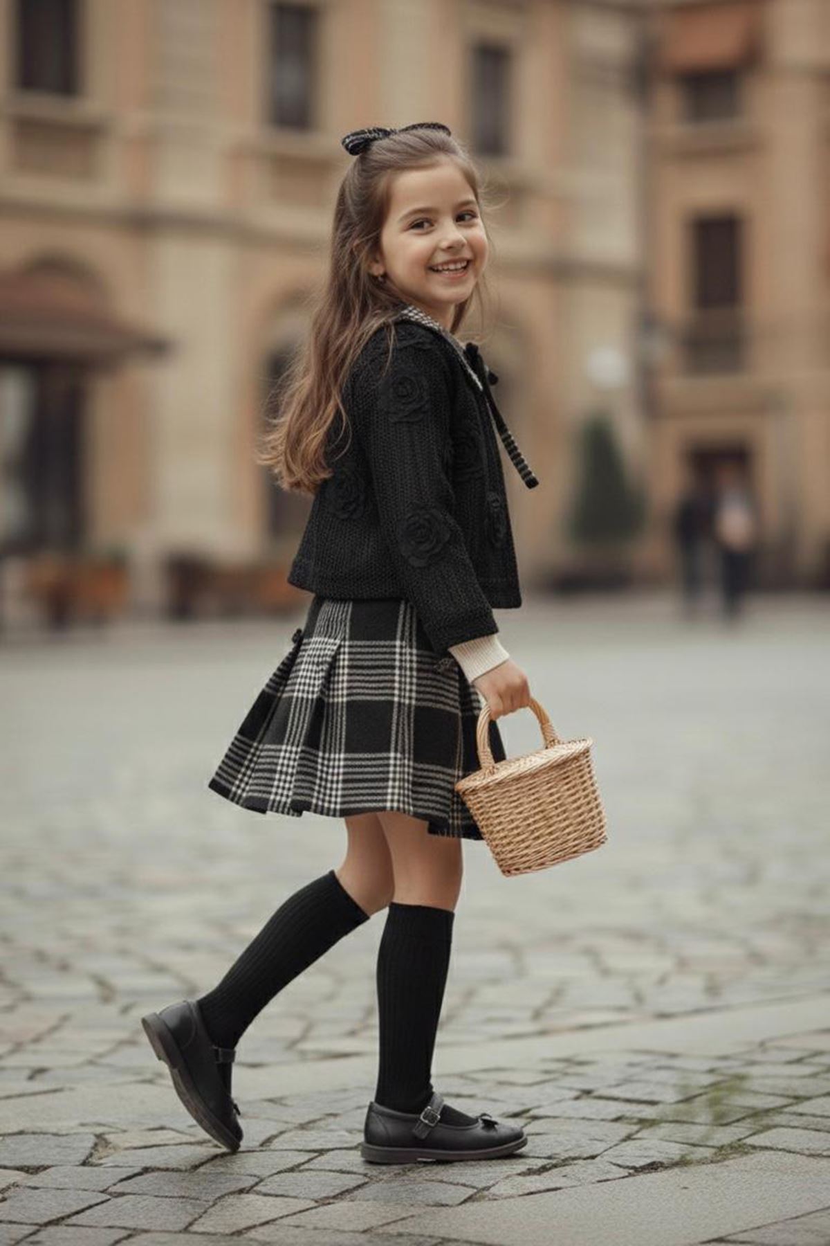 Miniğimin Cicileri Ekose Pul Detaylı Etekli Güllü Dantel Detaylı Hırkalı 3 lü Kız Çocuk Takım - Siyah