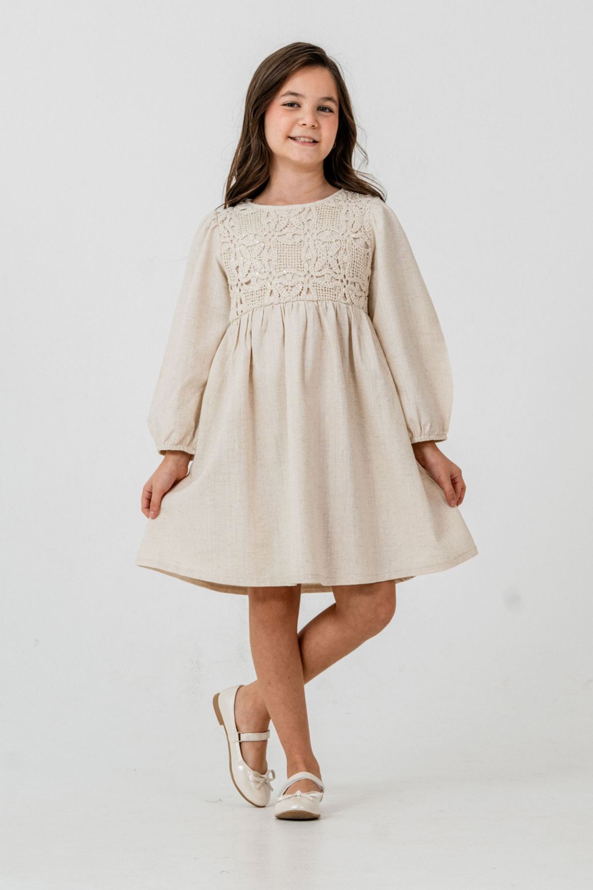 Miniğimin Cicileri Zarif Dantel Pul Detaylı Kız Çocuk Günlük Elbise - Bej