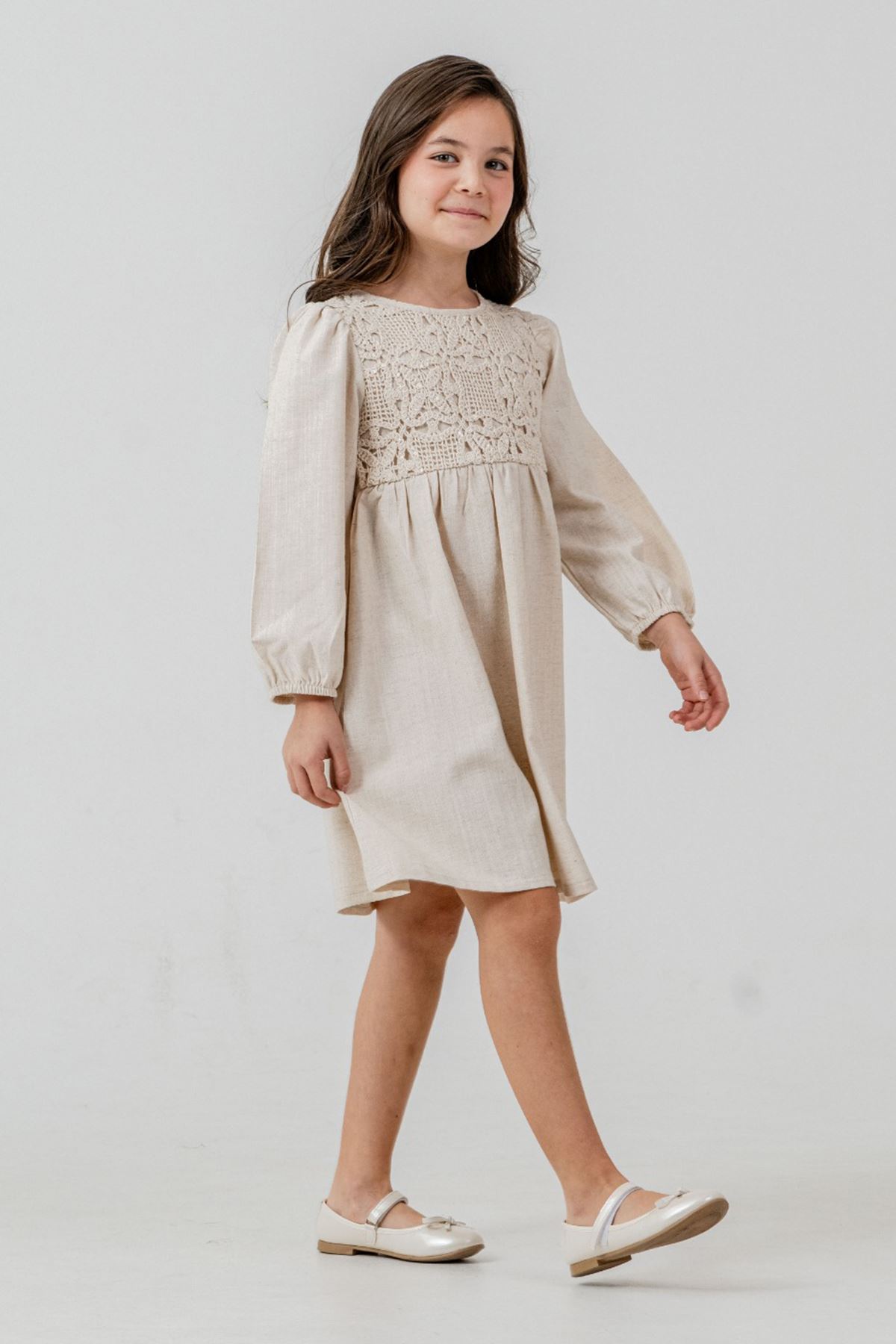 Miniğimin Cicileri Zarif Dantel Pul Detaylı Kız Çocuk Günlük Elbise - Bej