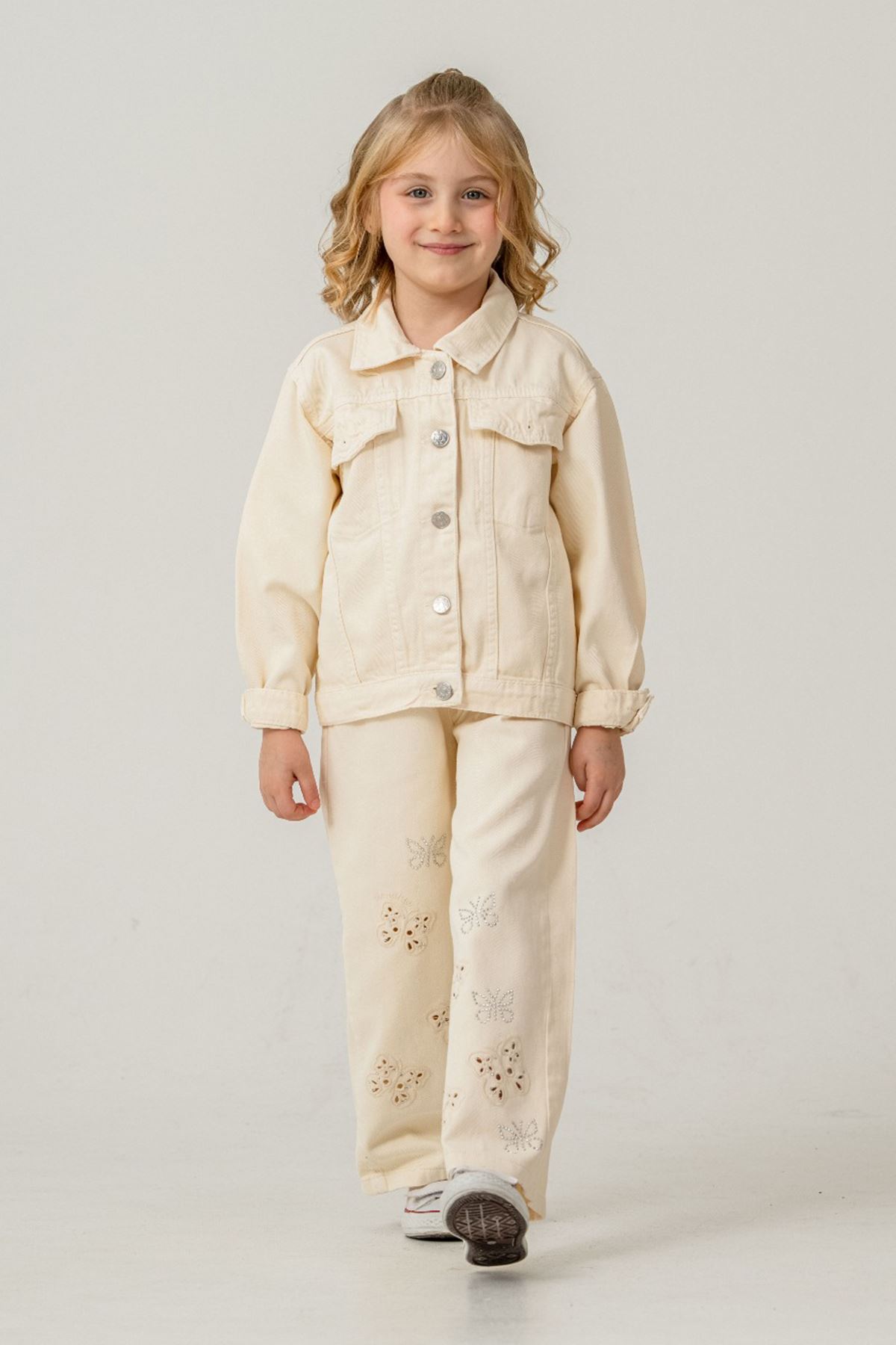 Miniğimin Cicileri Modern Kelebek Detaylı Kot Ceketli Kız Çocuk Takım - Krem