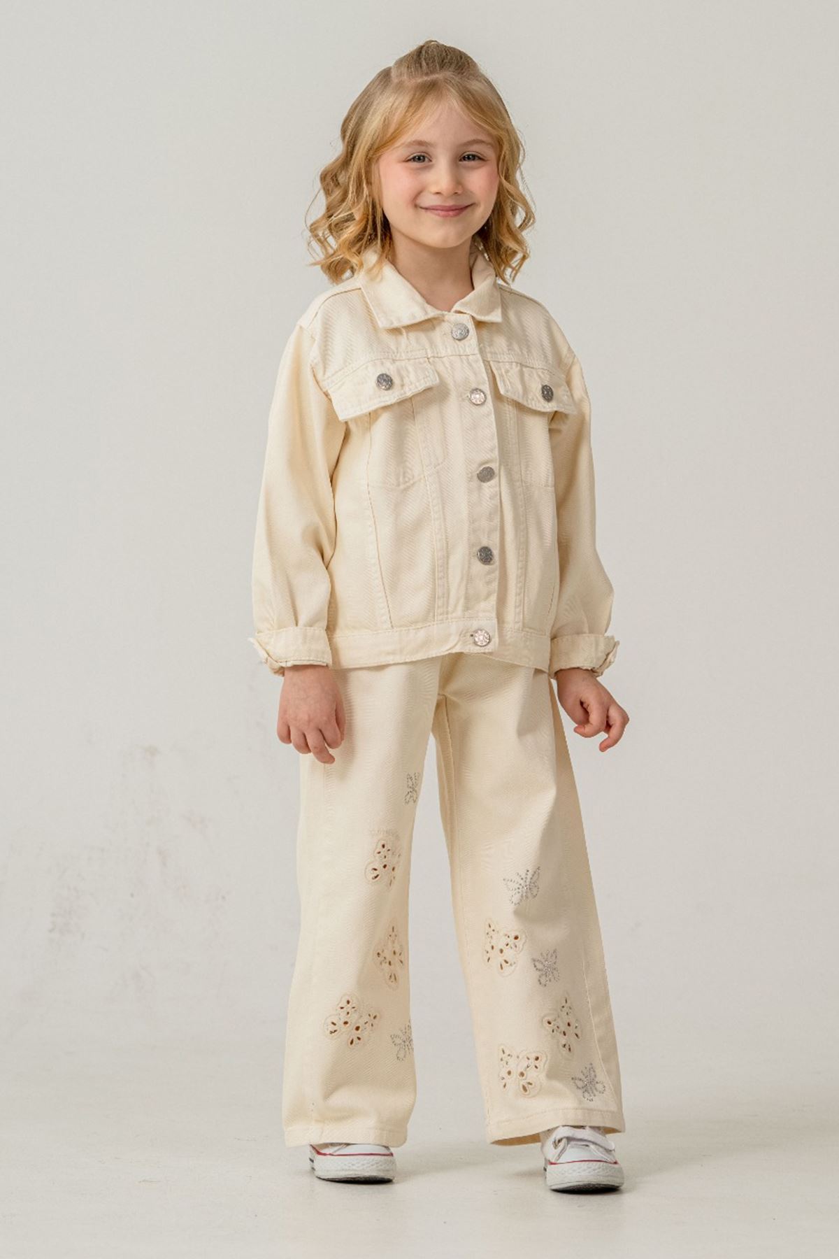 Miniğimin Cicileri Modern Kelebek Detaylı Kot Ceketli Kız Çocuk Takım - Krem