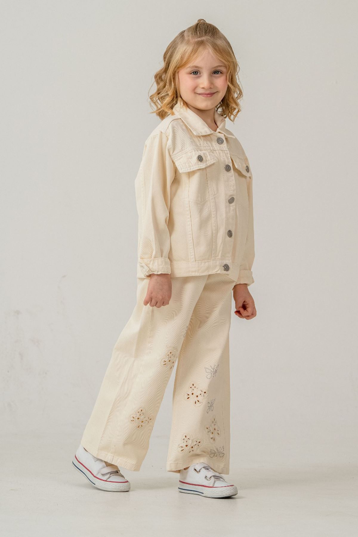 Miniğimin Cicileri Modern Kelebek Detaylı Kot Ceketli Kız Çocuk Takım - Krem