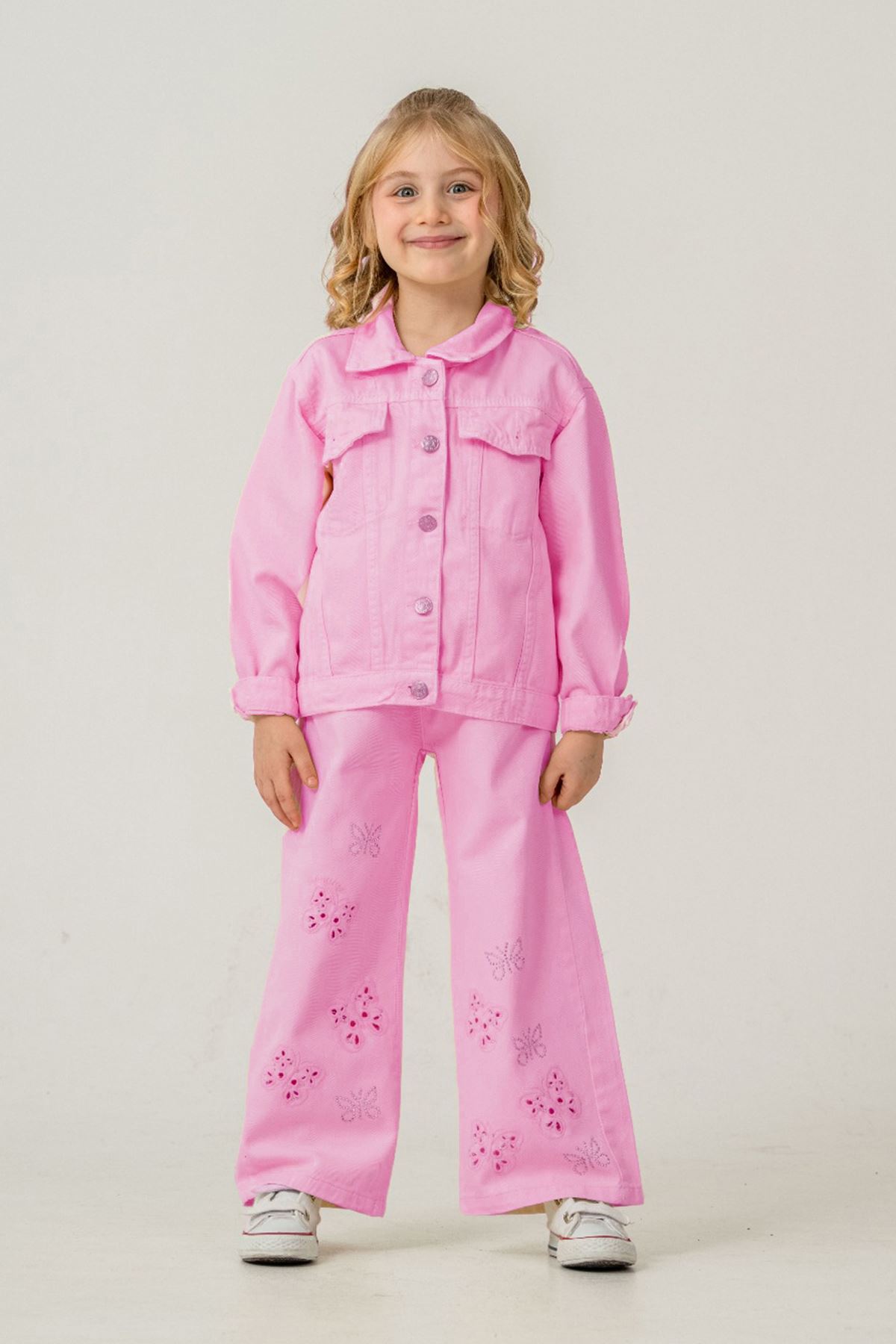 Miniğimin Cicileri Modern Kelebek Detaylı Kot Ceketli Kız Çocuk Takım - Pembe
