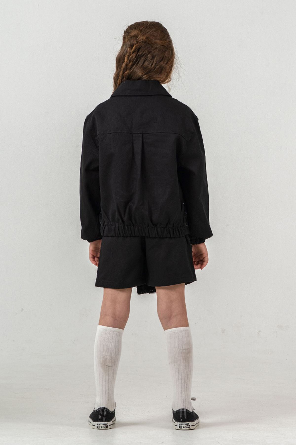 Miniğimin Cicileri Papatya Pul Payet Detaylı Şort Etekli Kız Çocuk Takım - Siyah